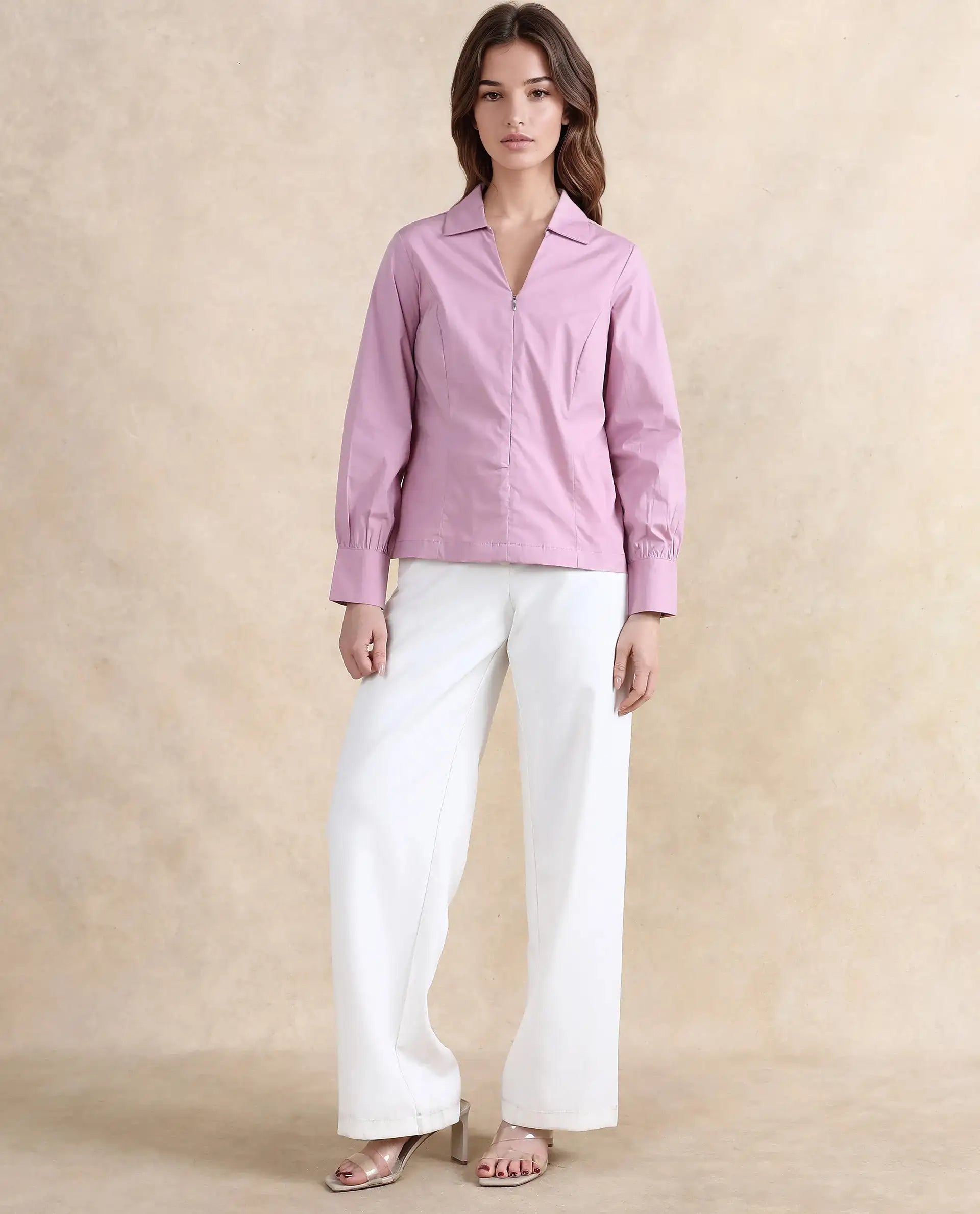 Rareism Women Pomogra Light Pink Cotton Fabric Cuffed Sleeve Jonny Collar Zipper Closure Plain Top