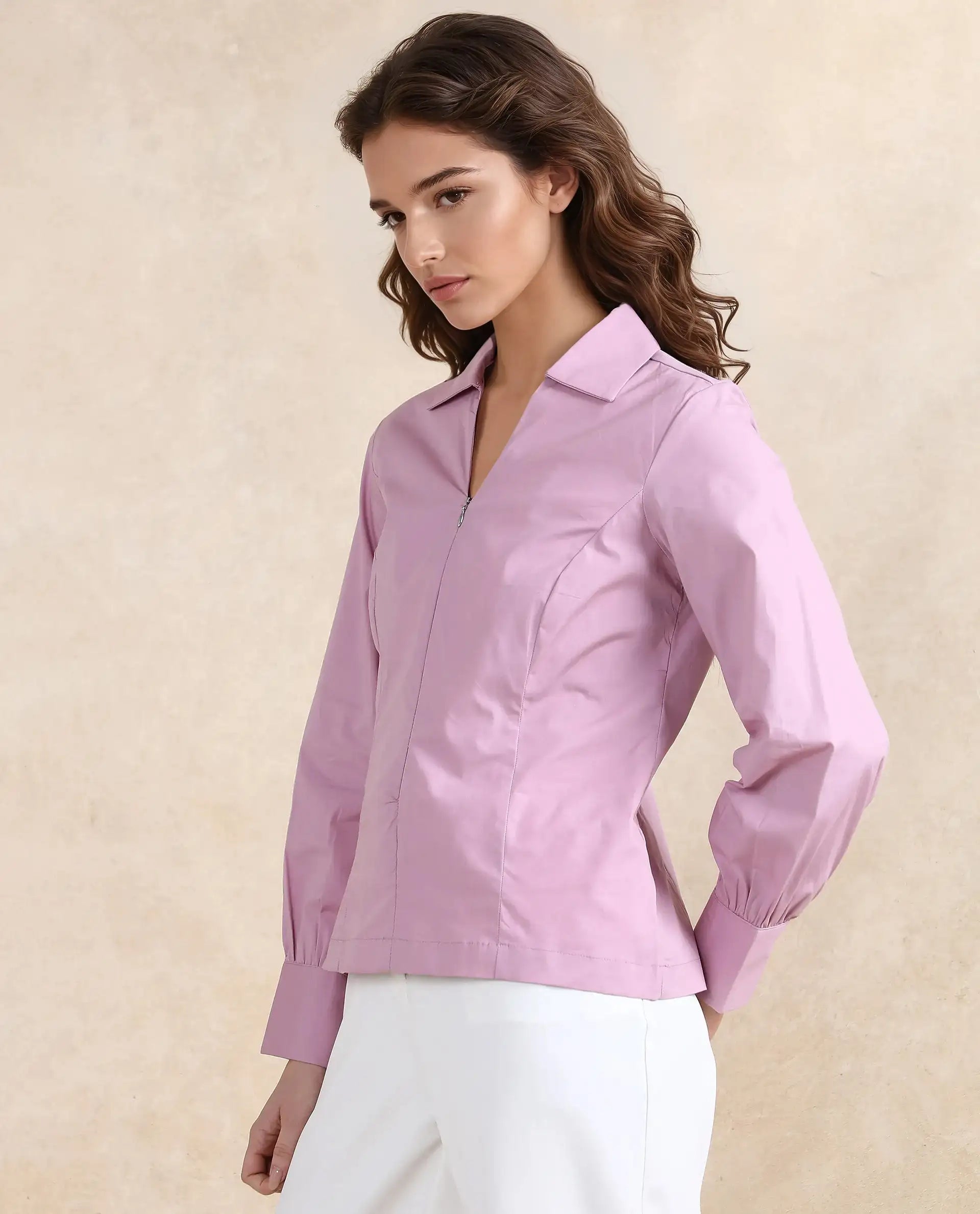 Rareism Women Pomogra Light Pink Cotton Fabric Cuffed Sleeve Jonny Collar Zipper Closure Plain Top