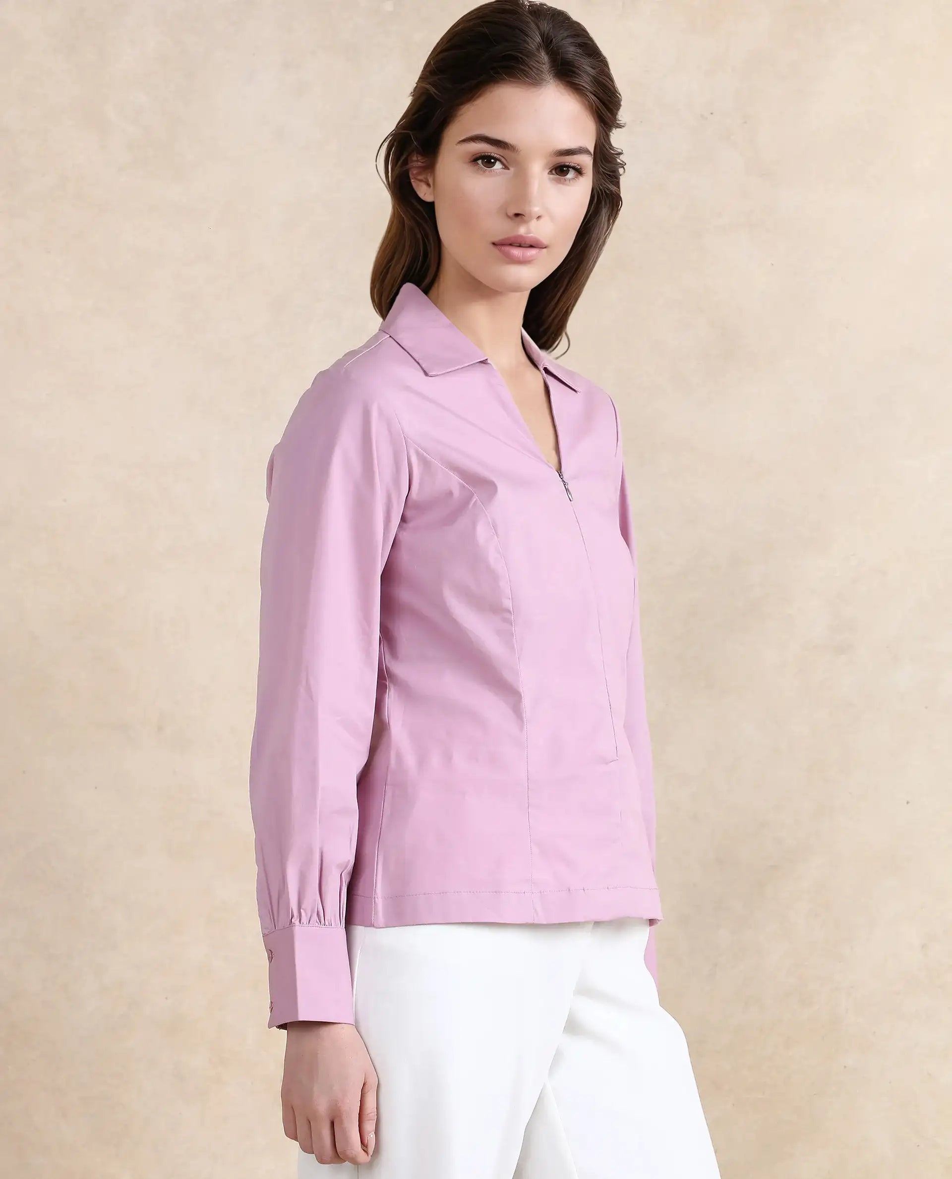 Rareism Women Pomogra Light Pink Cotton Fabric Cuffed Sleeve Jonny Collar Zipper Closure Plain Top