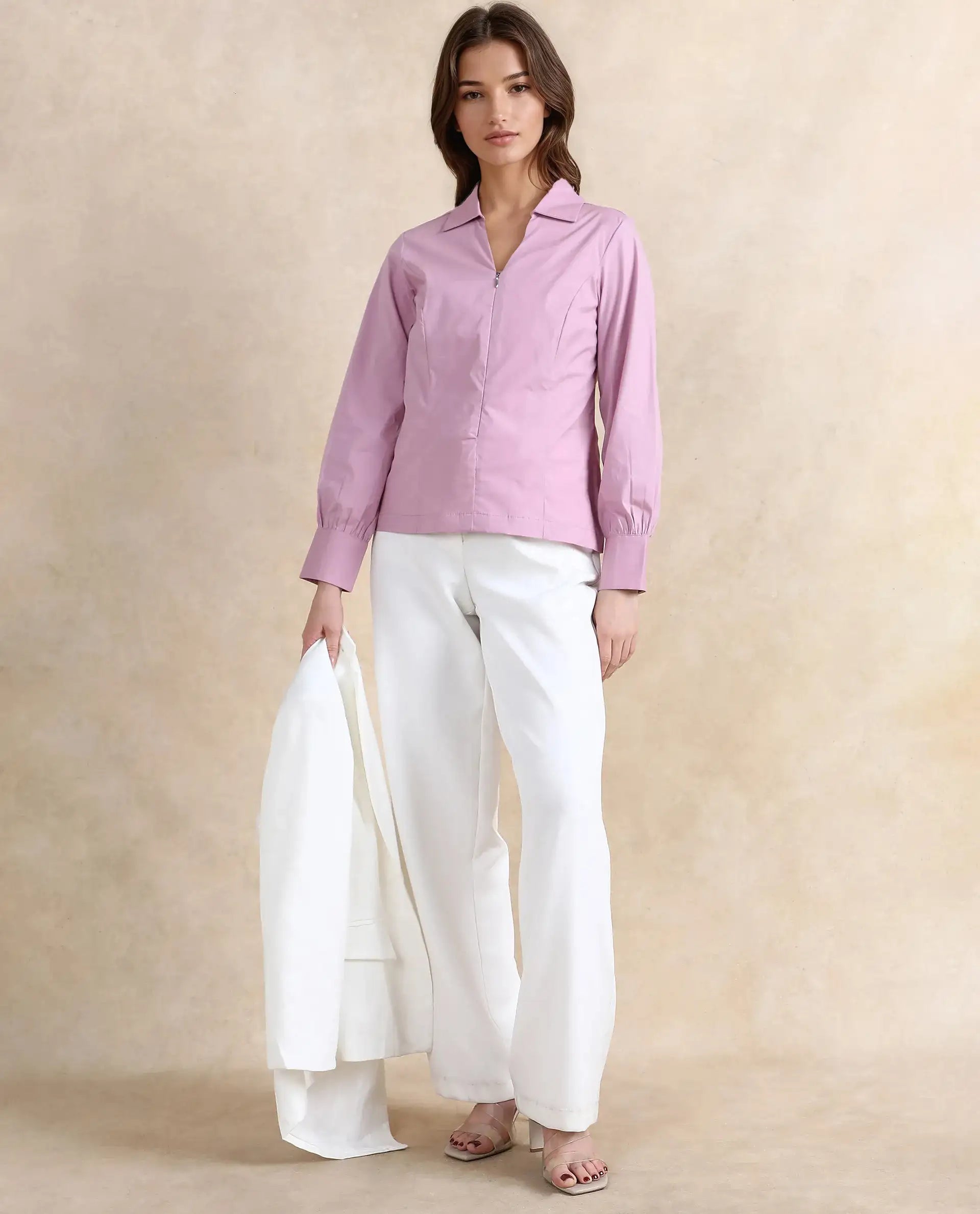 Rareism Women Pomogra Light Pink Cotton Fabric Cuffed Sleeve Jonny Collar Zipper Closure Plain Top