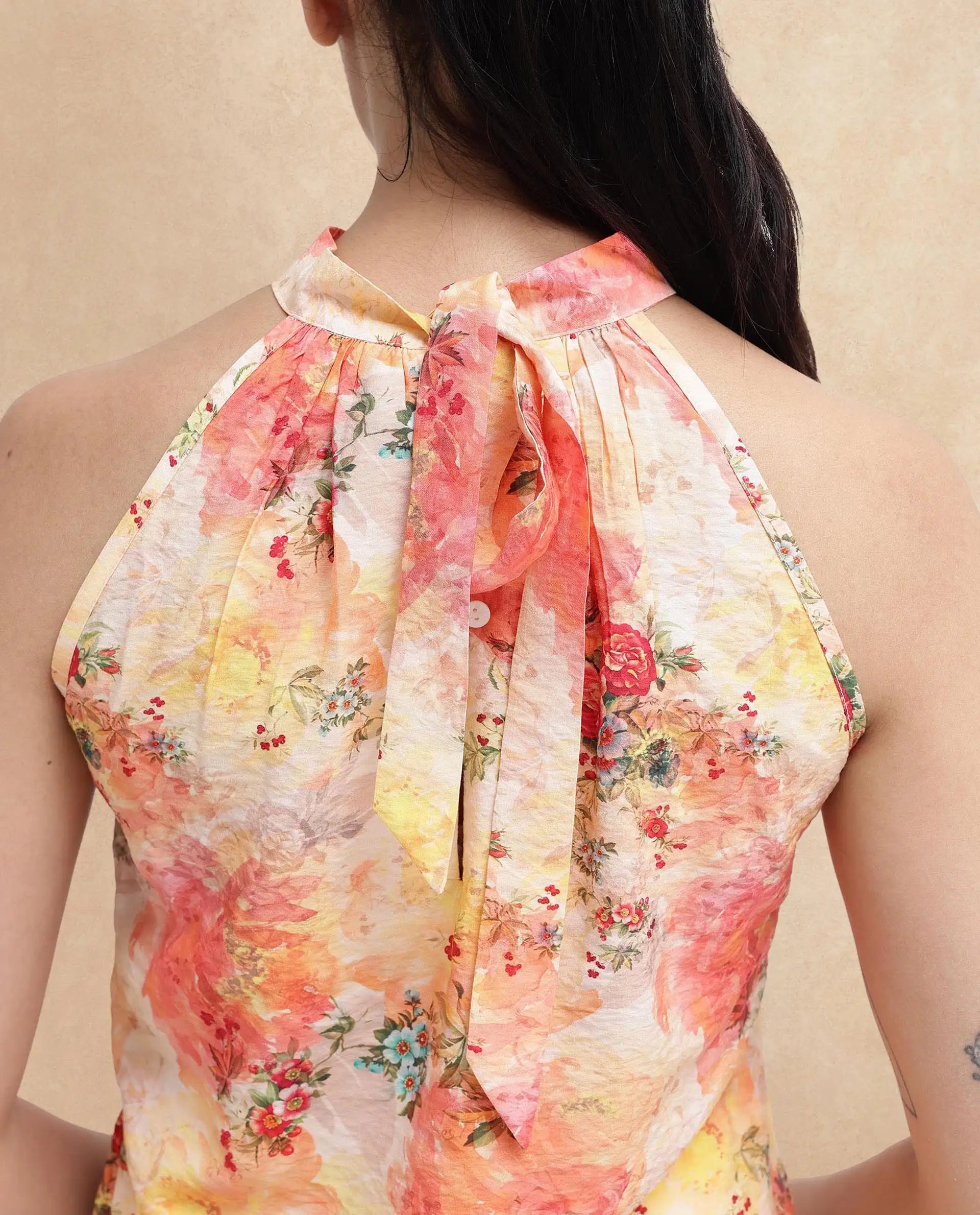 Rareism Women Potenza Pastel Multi Sleeveless Halter Neck Tie Up Floral Print Top