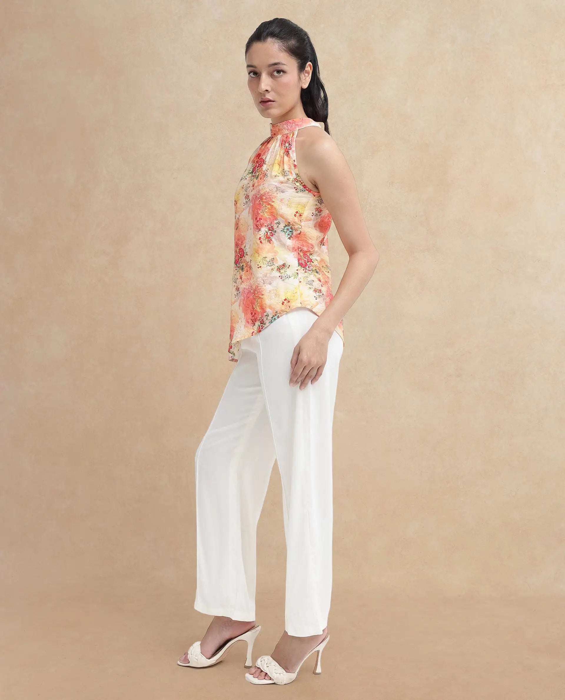 Rareism Women Potenza Pastel Multi Sleeveless Halter Neck Tie Up Floral Print Top