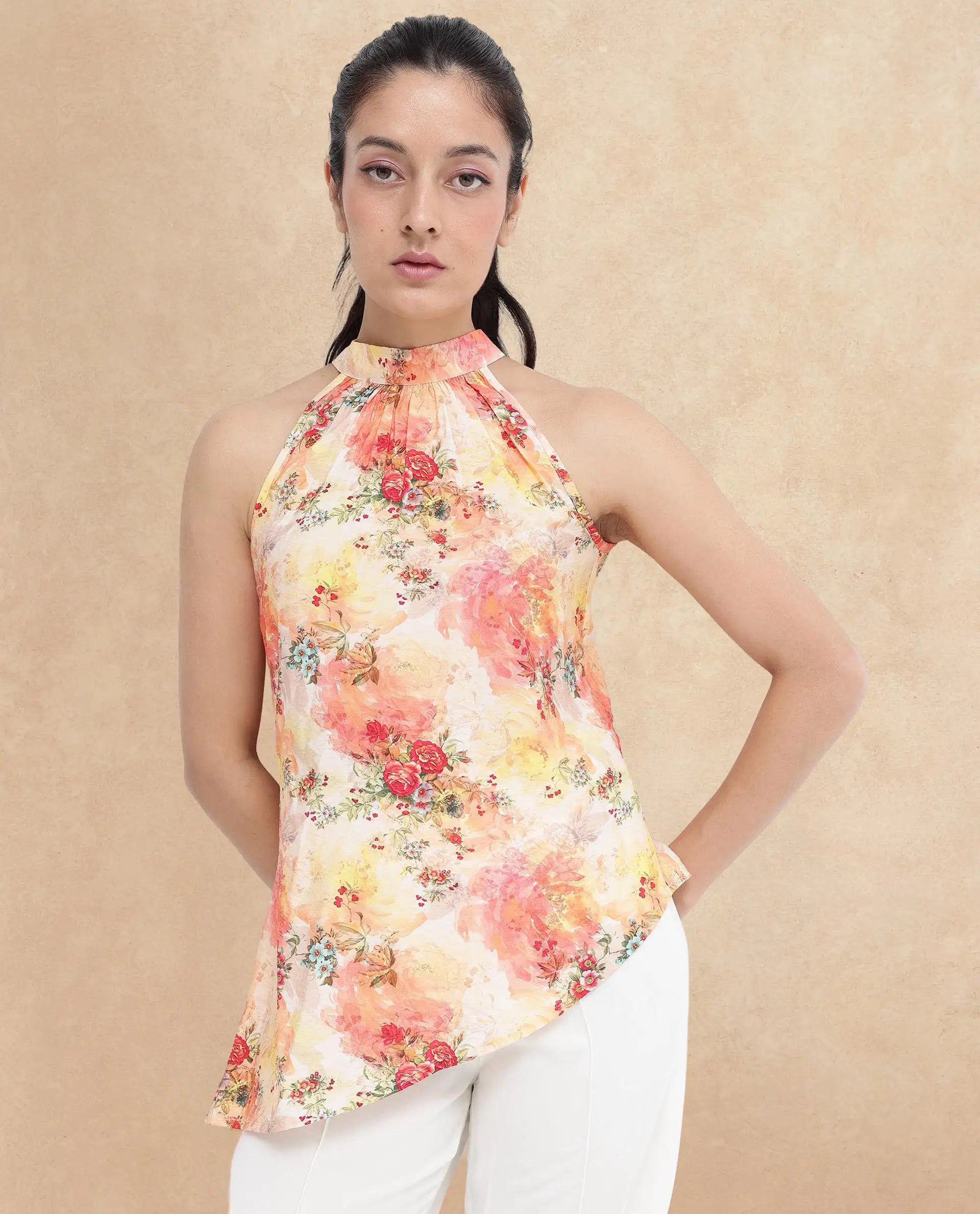 Rareism Women Potenza Pastel Multi Sleeveless Halter Neck Tie Up Floral Print Top