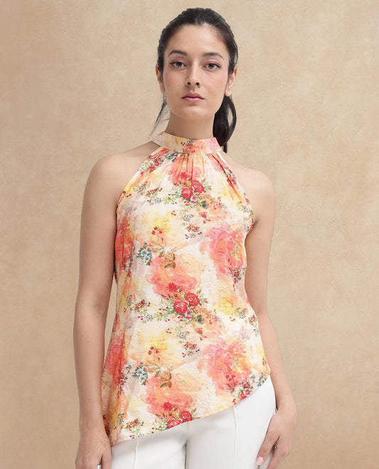 Rareism Women Potenza Pastel Multi Sleeveless Halter Neck Tie Up Floral Print Top