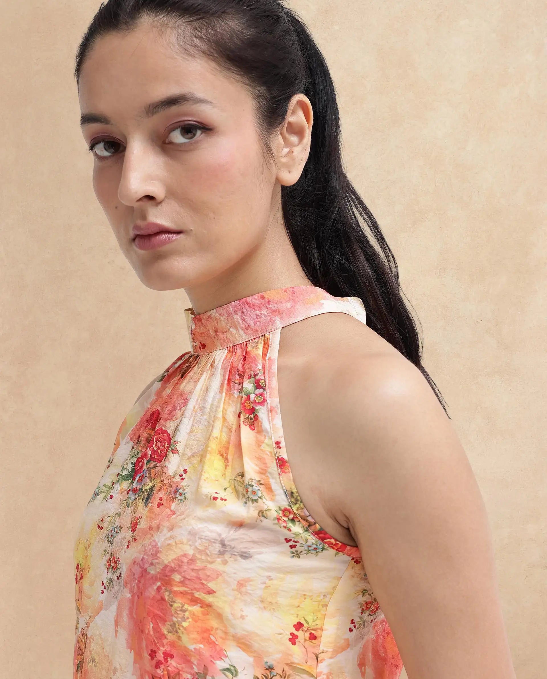 Rareism Women Potenza Pastel Multi Sleeveless Halter Neck Tie Up Floral Print Top