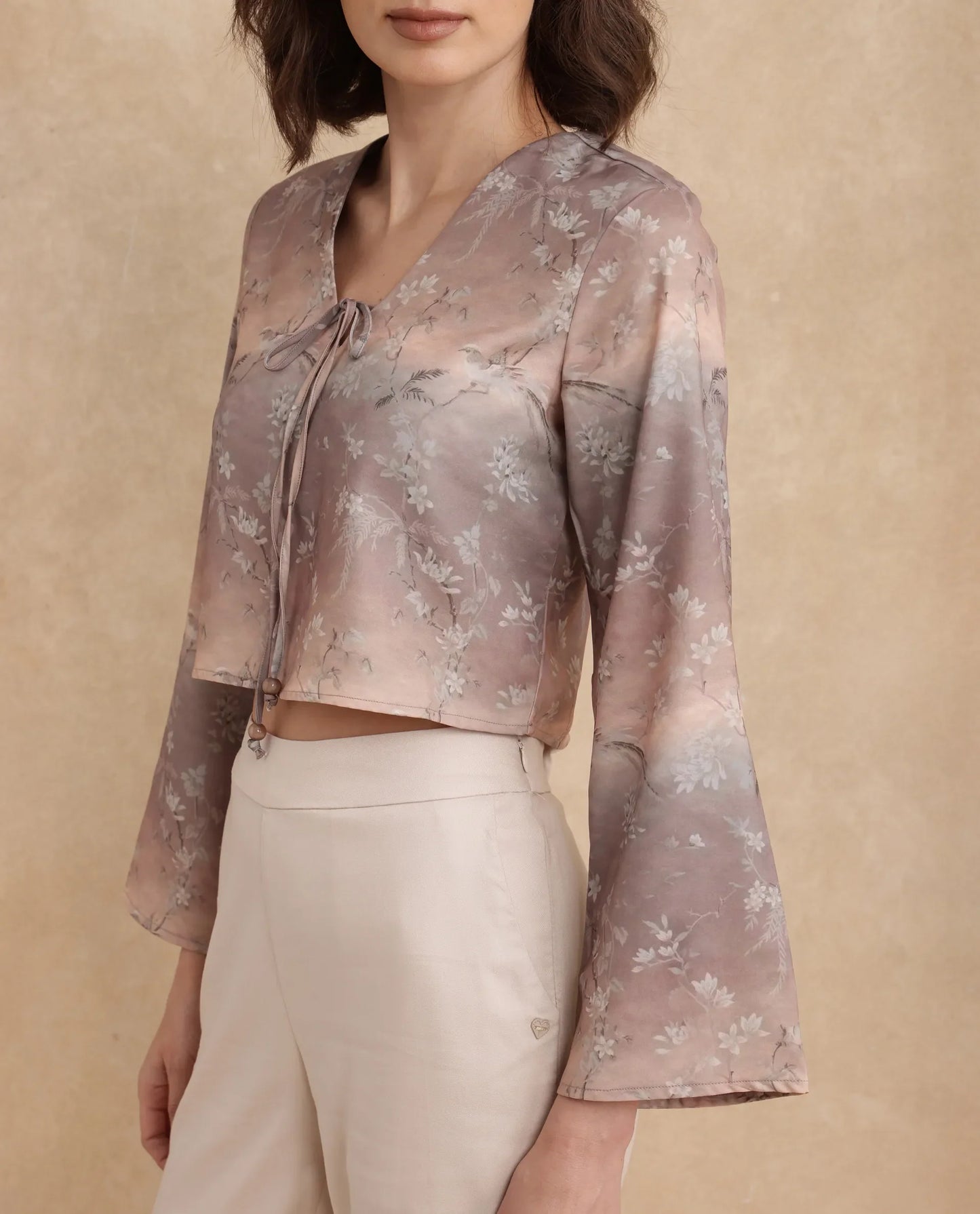 Rareism Women Poulop Dusky Multi Satin Bell Sleeves V-Neck Cropped Floral Print Top