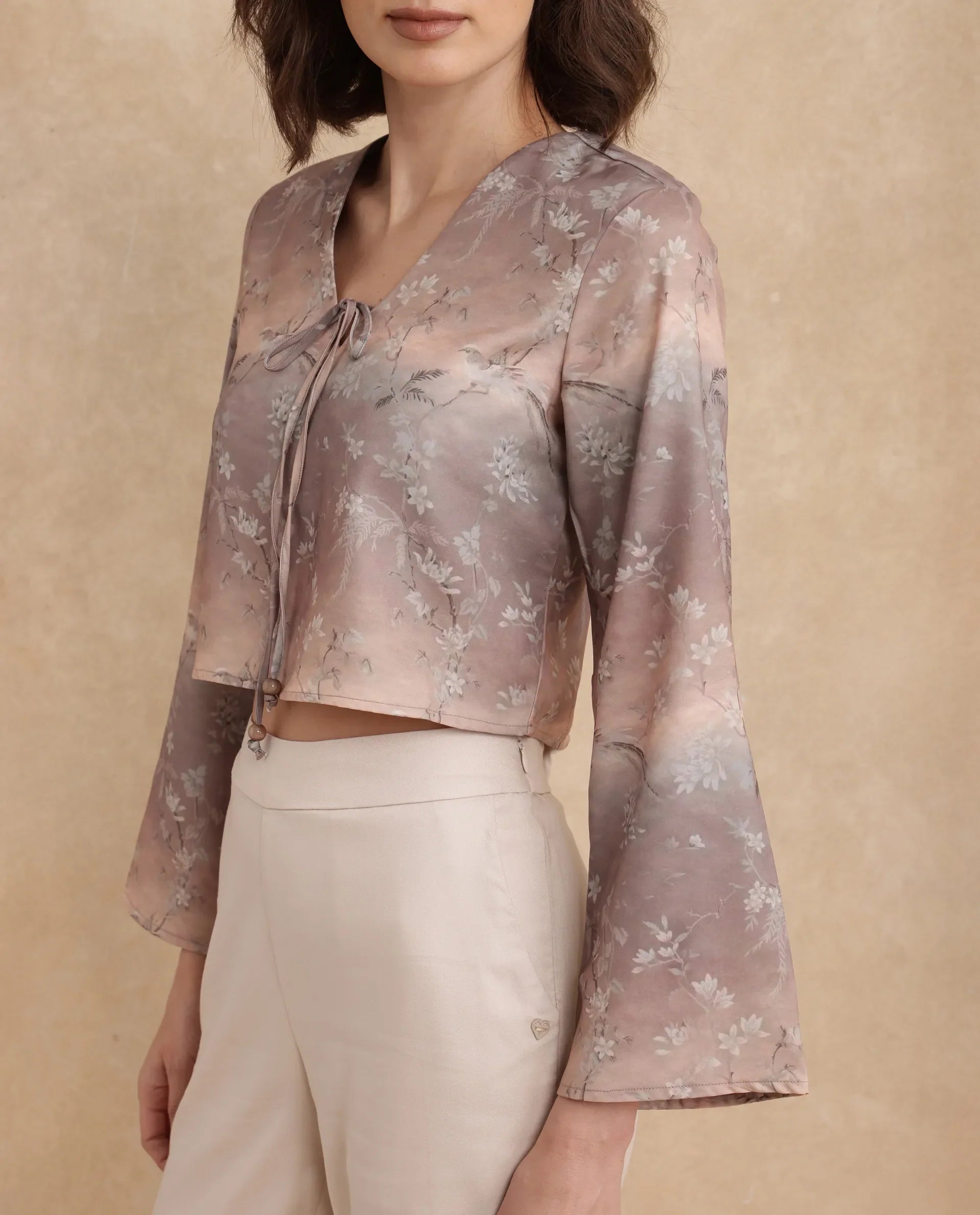 Rareism Women Poulop Dusky Multi Satin Bell Sleeves V-Neck Cropped Floral Print Top
