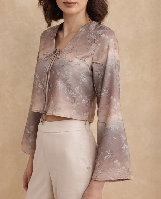 Rareism Women Poulop Dusky Multi Satin Bell Sleeves V-Neck Cropped Floral Print Top