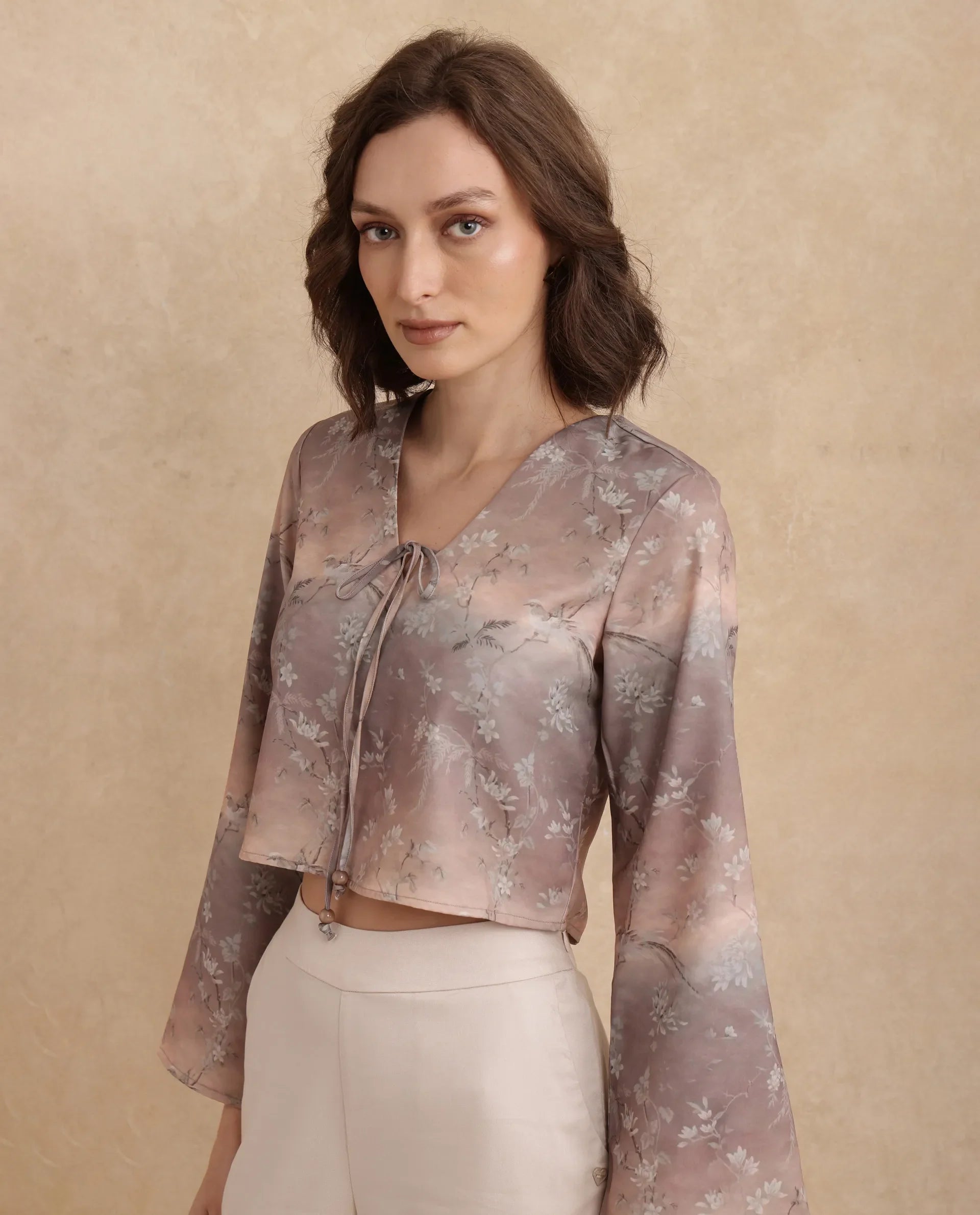 Rareism Women Poulop Dusky Multi Satin Bell Sleeves V-Neck Cropped Floral Print Top