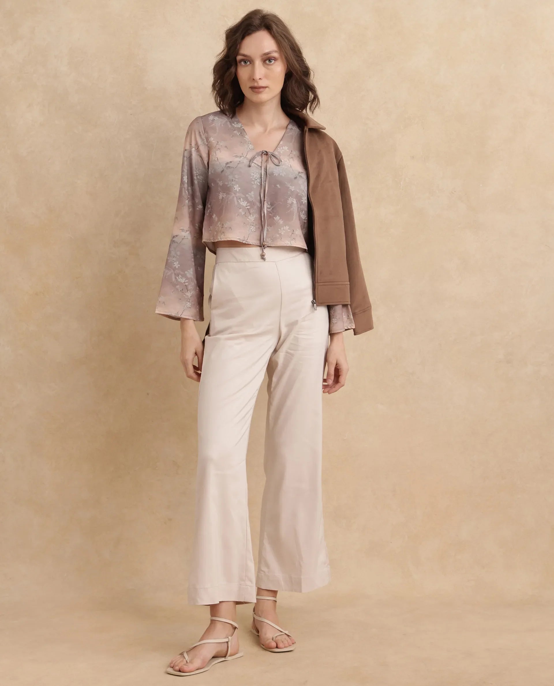 Rareism Women Poulop Dusky Multi Satin Bell Sleeves V-Neck Cropped Floral Print Top