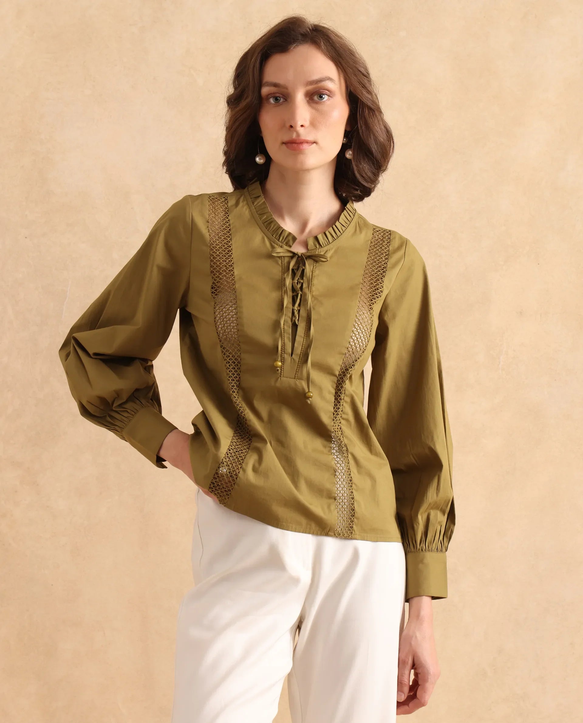 Rareism Women Penla Light Green Poplin Fabric Cuffed Sleeve V-Neck Tie-Up Closure Regular Fit Plain Top