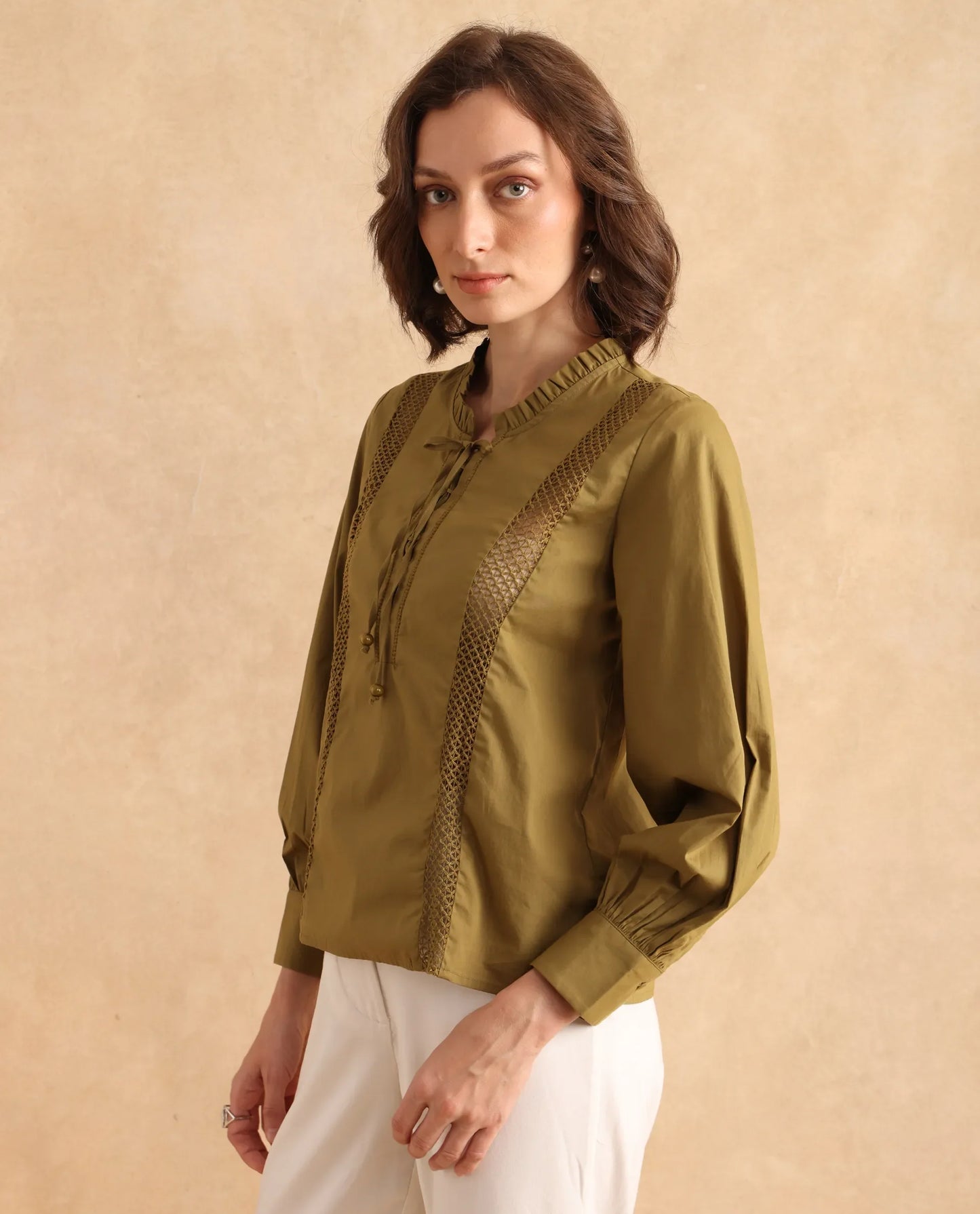 Rareism Women Penla Light Green Poplin Fabric Cuffed Sleeve V-Neck Tie-Up Closure Regular Fit Plain Top