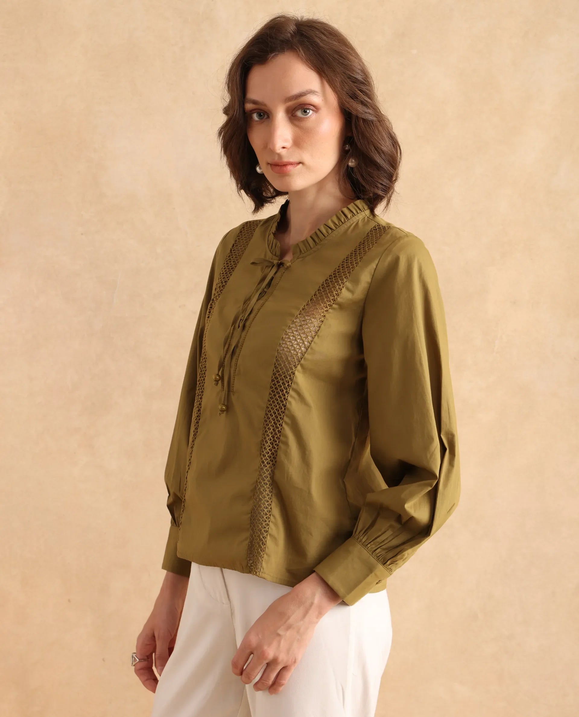 Rareism Women Penla Light Green Poplin Fabric Cuffed Sleeve V-Neck Tie-Up Closure Regular Fit Plain Top