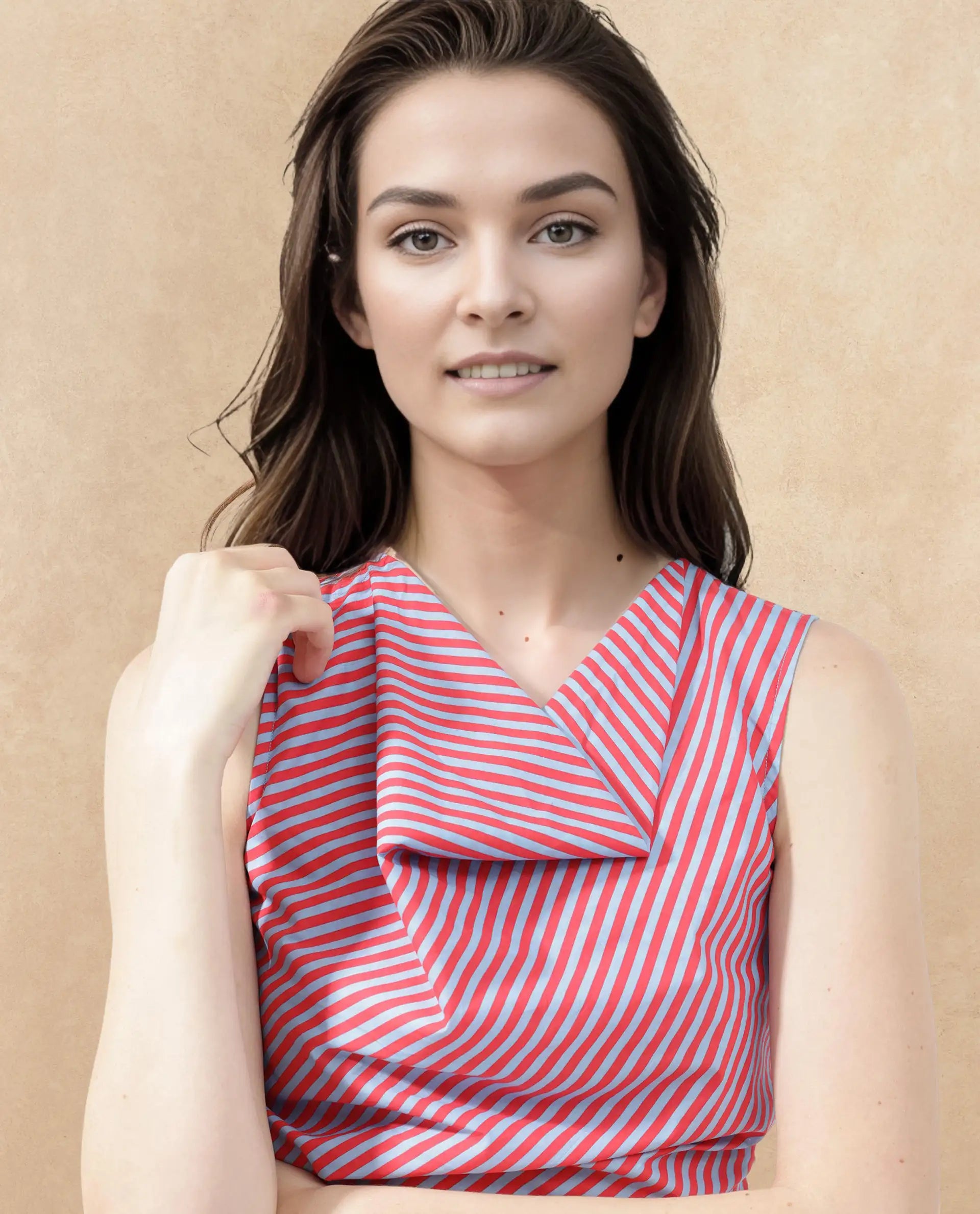 Rareism Women Radar Light Blue Cotton Fabric Cowl Neck Sleeveless Regular Fit Striped Top