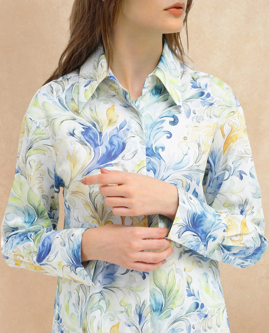 Rareism Women Raenice Pastel Multi Cuffed Sleeve Collared Neck Button Closure Abstract Print Top