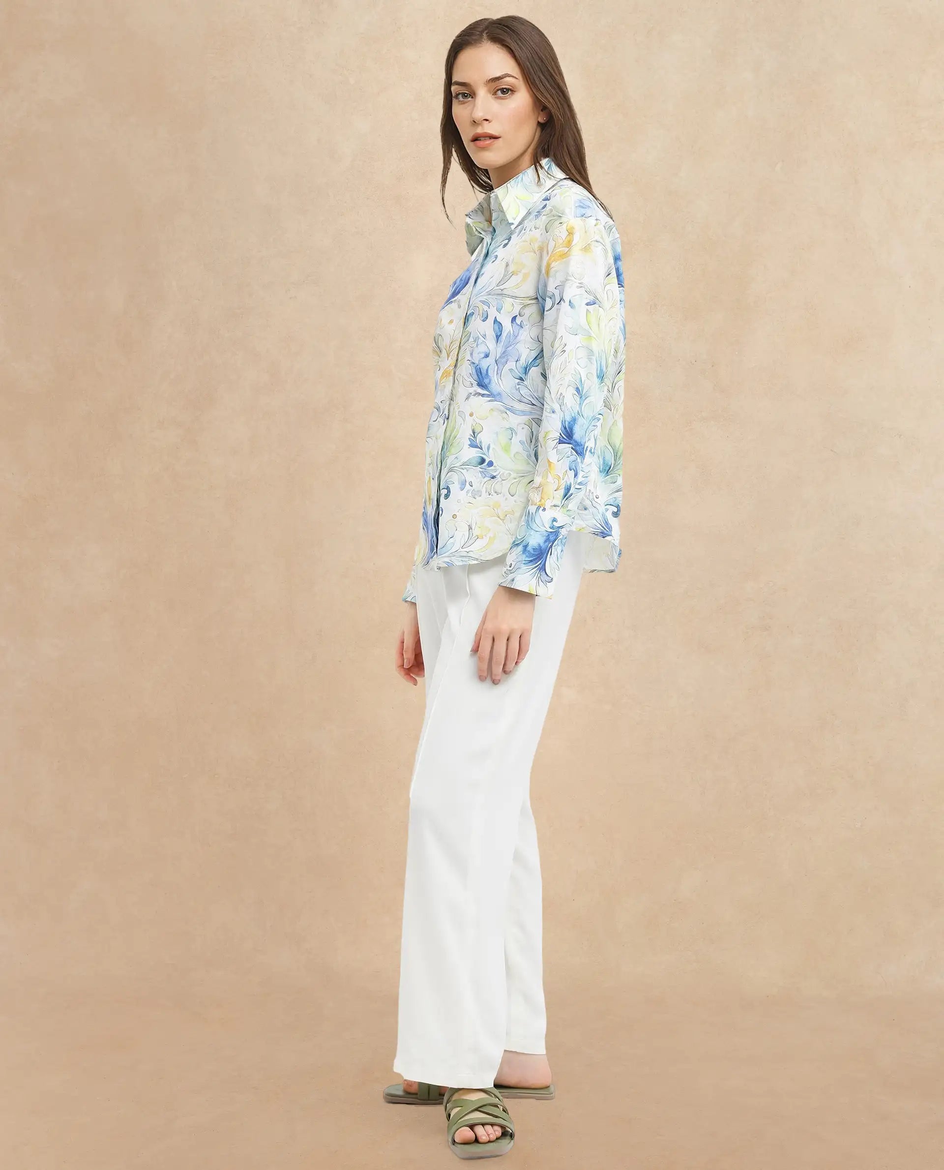 Rareism Women Raenice Pastel Multi Cuffed Sleeve Collared Neck Button Closure Abstract Print Top