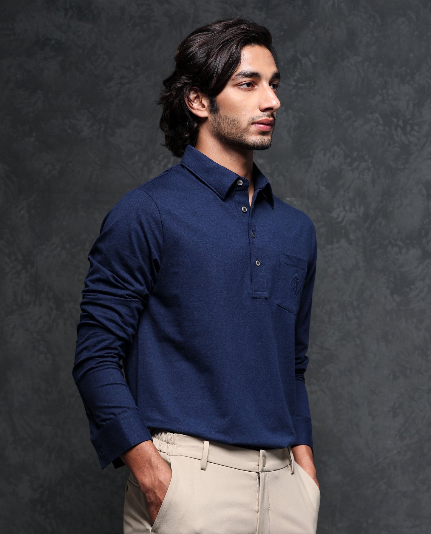 Rare Rabbit Men's Ralfet Navy Cotton Lycra Fabric Collared Neck Full Sleeves Embroidery Monogram Melange Polo T-Shirt