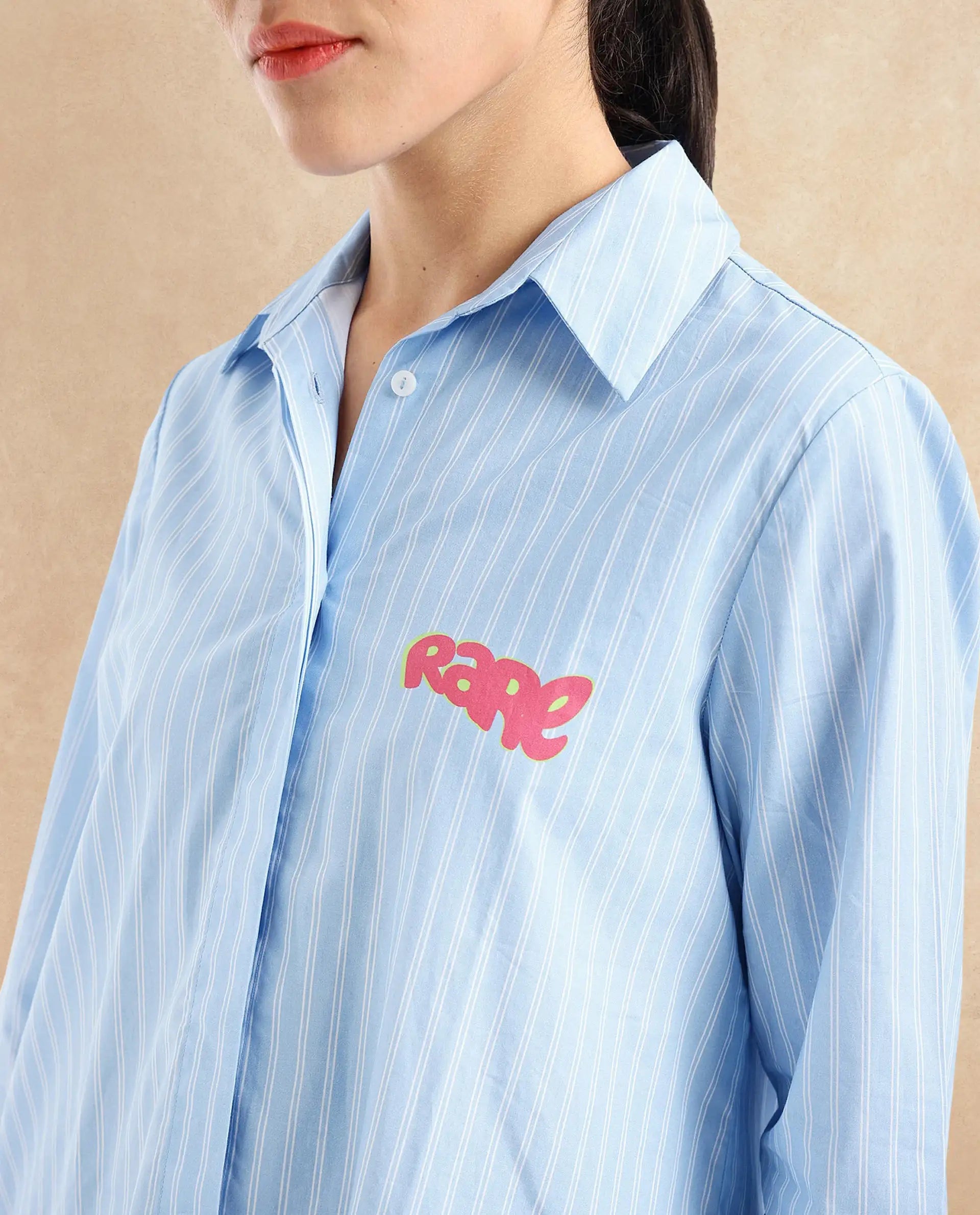 Rareism Women Rambla Blue Collared Neck Button Closure Relaxed Fit Abstract Print Top