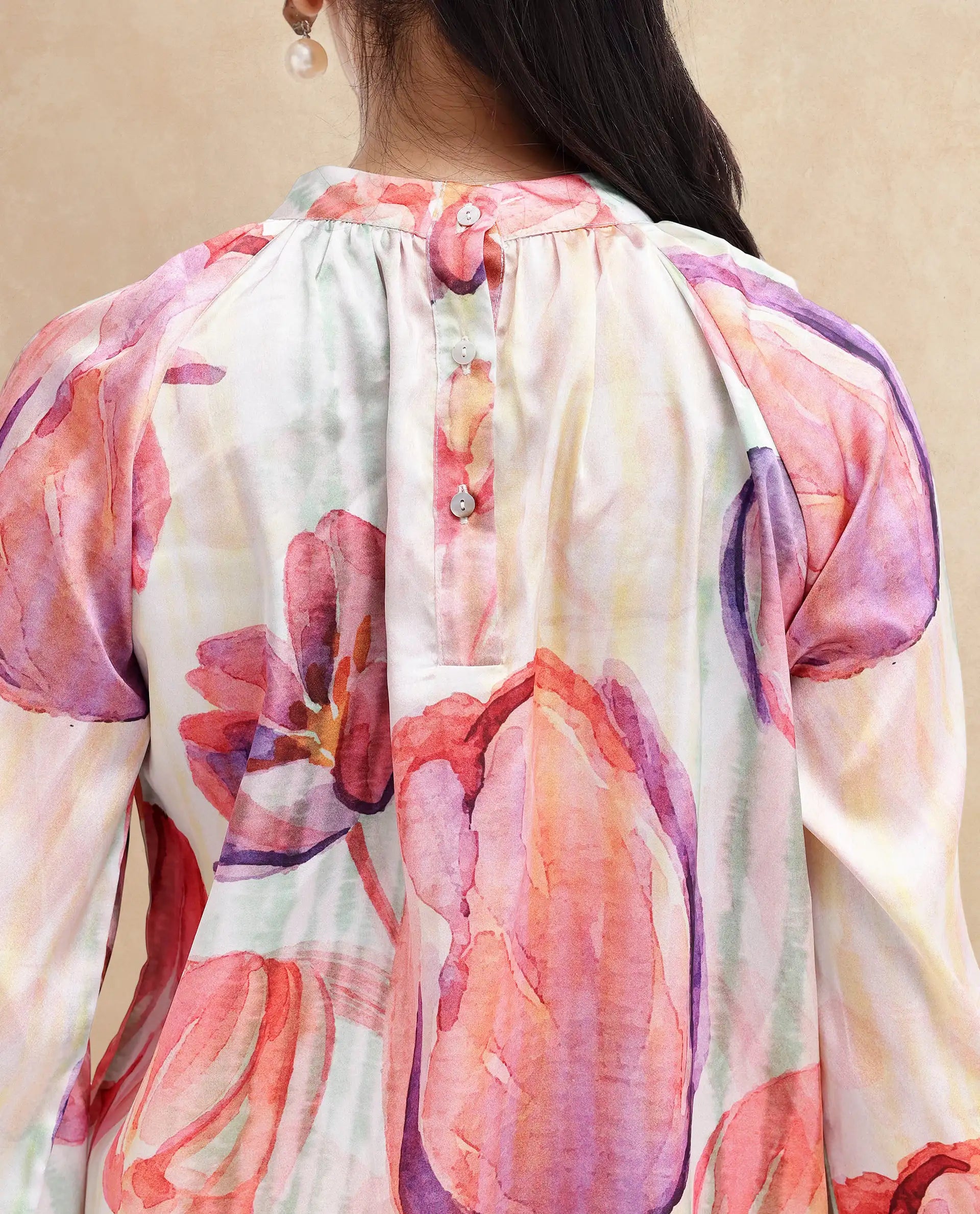 Rareism Women Raylin Light Multi Cuffed Sleeve High Neck Button Relaxed Fit Floral Print Top