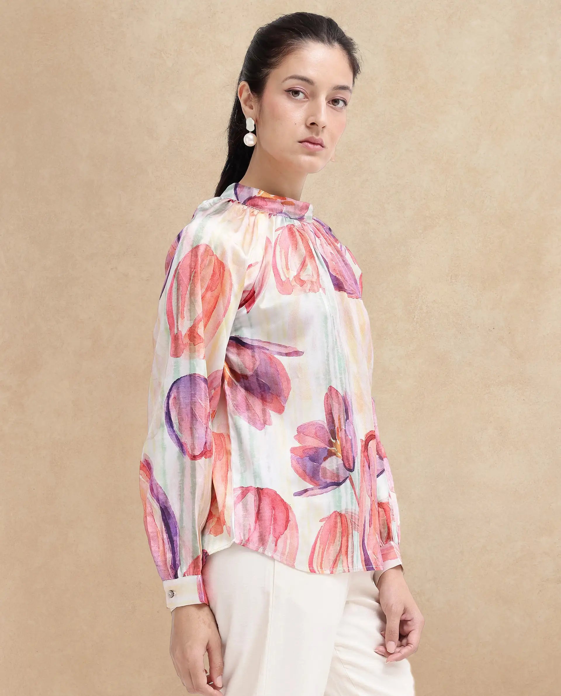 Rareism Women Raylin Light Multi Cuffed Sleeve High Neck Button Relaxed Fit Floral Print Top