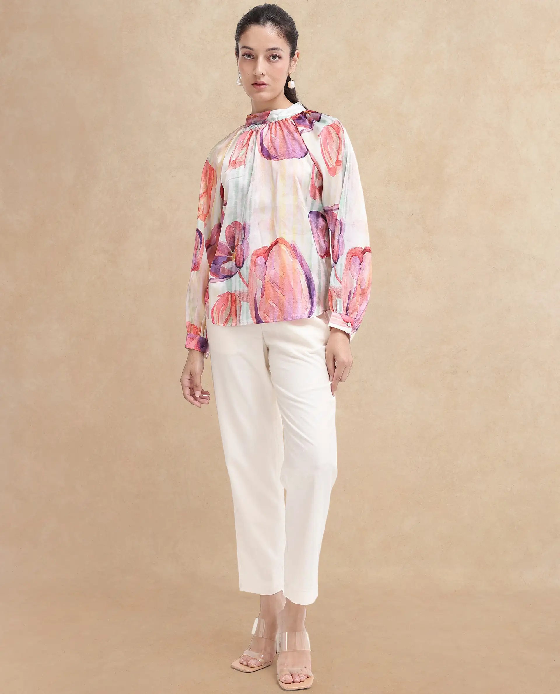 Rareism Women Raylin Light Multi Cuffed Sleeve High Neck Button Relaxed Fit Floral Print Top