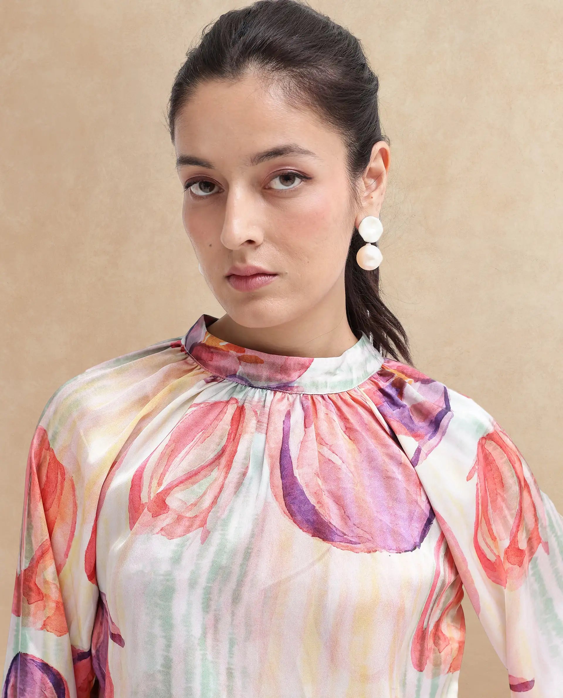 Rareism Women Raylin Light Multi Cuffed Sleeve High Neck Button Relaxed Fit Floral Print Top