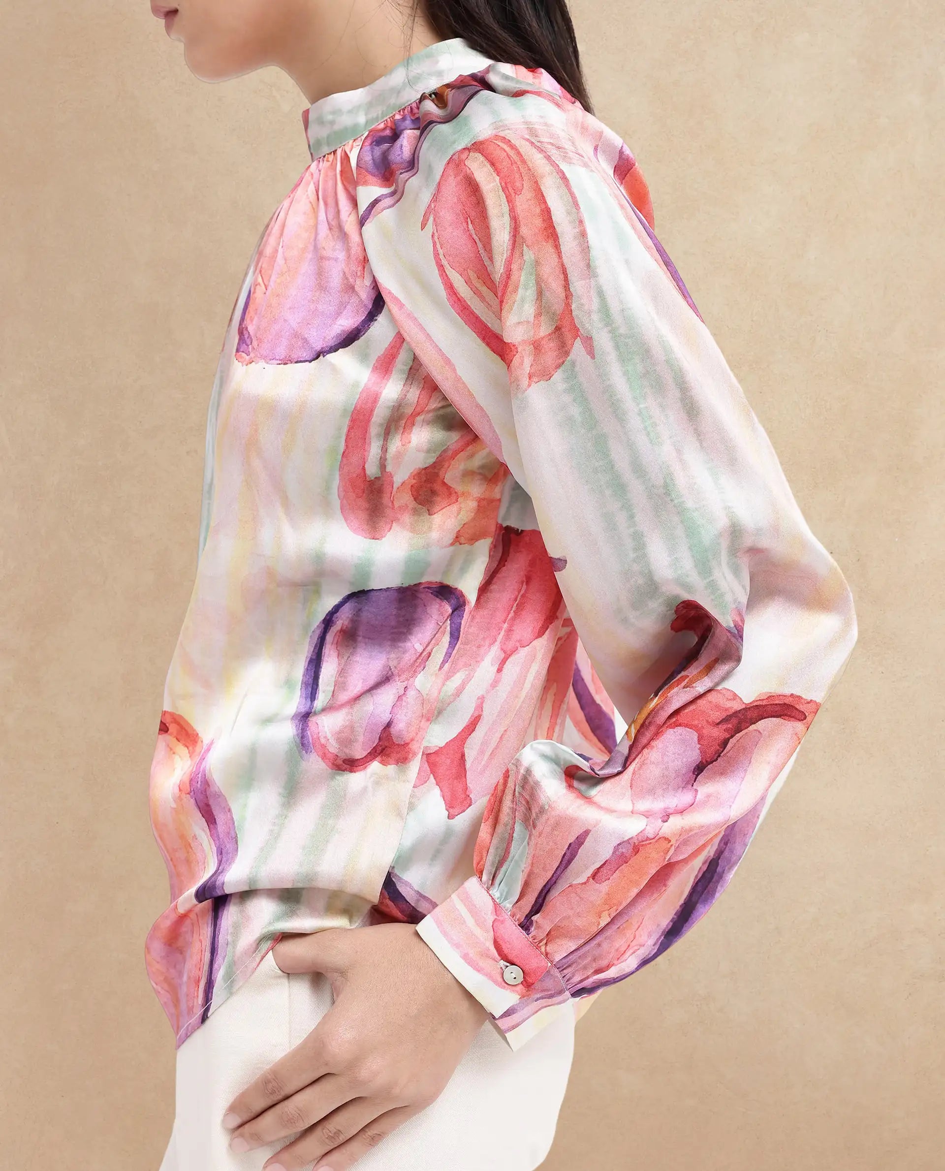 Rareism Women Raylin Light Multi Cuffed Sleeve High Neck Button Relaxed Fit Floral Print Top