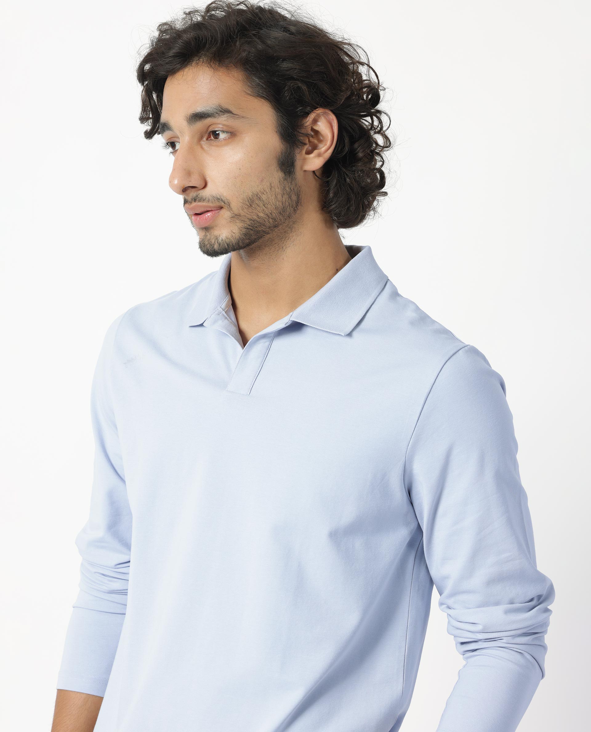 Rare Rabbit Men's Reborn-1 Light Blue Cotton Fabric Johnny Collar Full Sleeve Polo T-Shirt