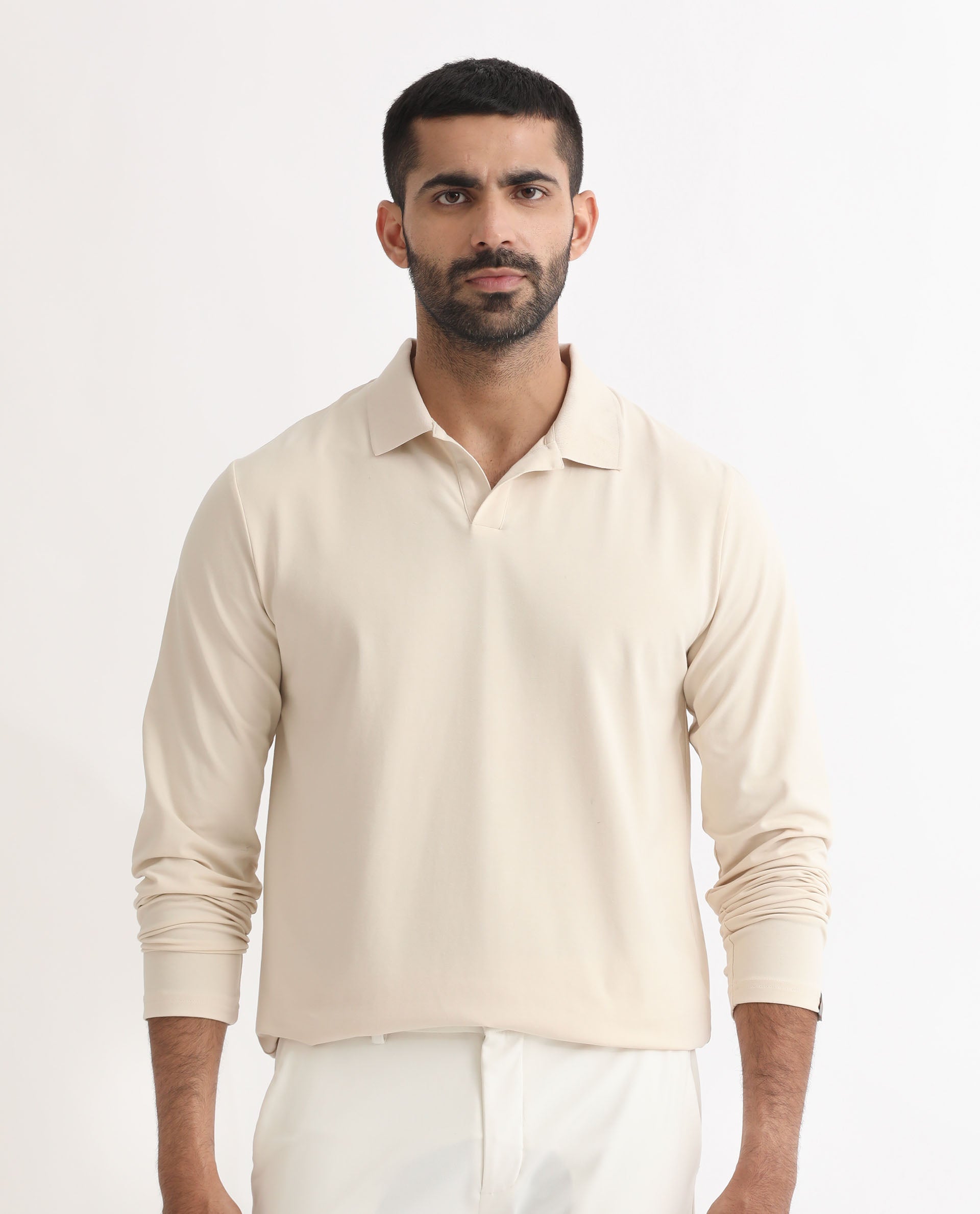 Rare Rabbit Men's Reborn-1 Off-White Cotton Fabric Johnny Collar Full Sleeve Polo T-Shirt
