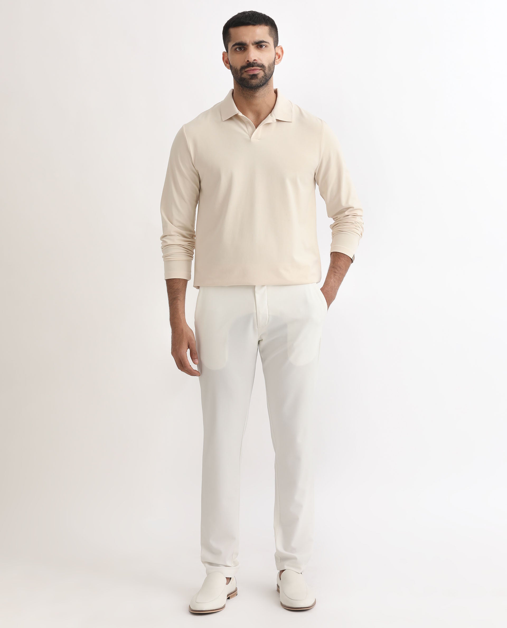 Rare Rabbit Men's Reborn-1 Off-White Cotton Fabric Johnny Collar Full Sleeve Polo T-Shirt