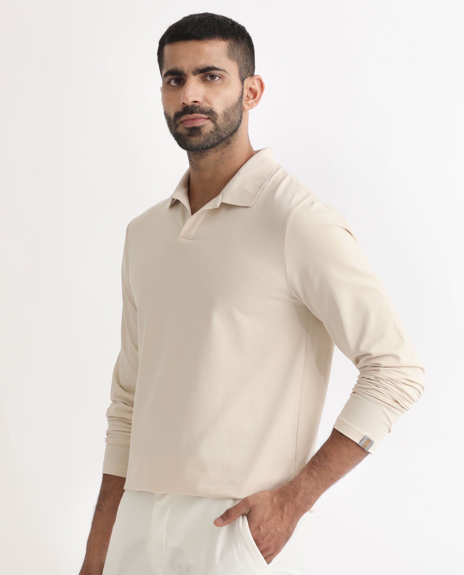 Rare Rabbit Men's Reborn-1 Off-White Cotton Fabric Johnny Collar Full Sleeve Polo T-Shirt