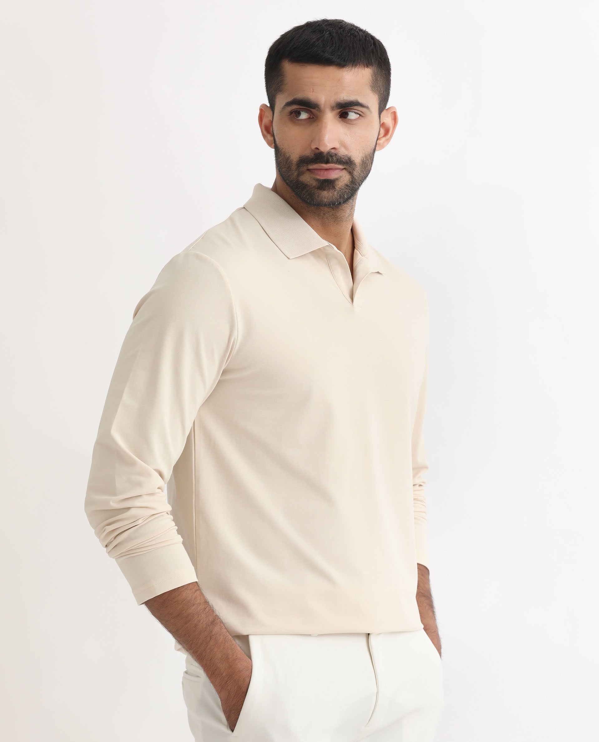 Rare Rabbit Men's Reborn-1 Off-White Cotton Fabric Johnny Collar Full Sleeve Polo T-Shirt