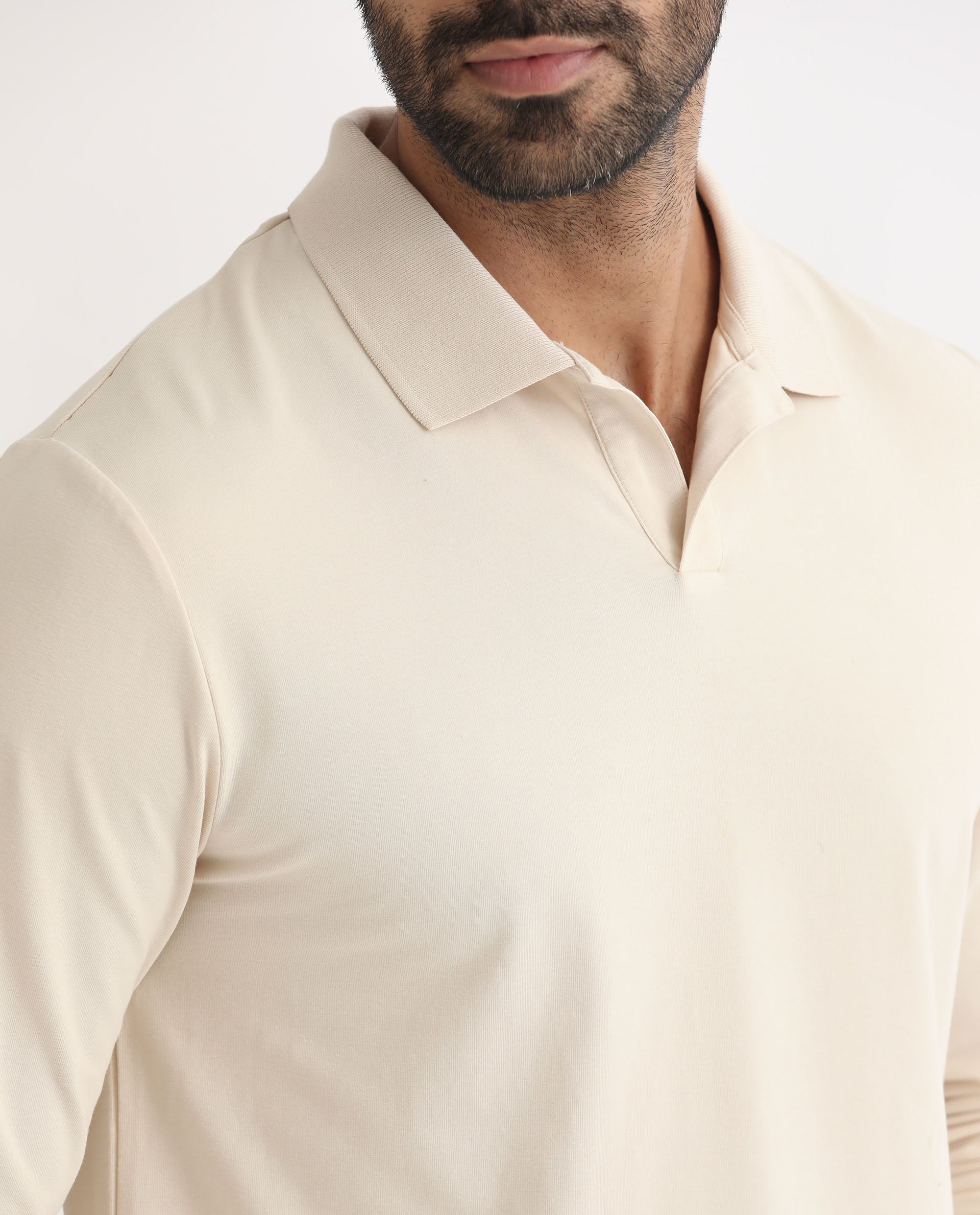 Rare Rabbit Men's Reborn-1 Off-White Cotton Fabric Johnny Collar Full Sleeve Polo T-Shirt