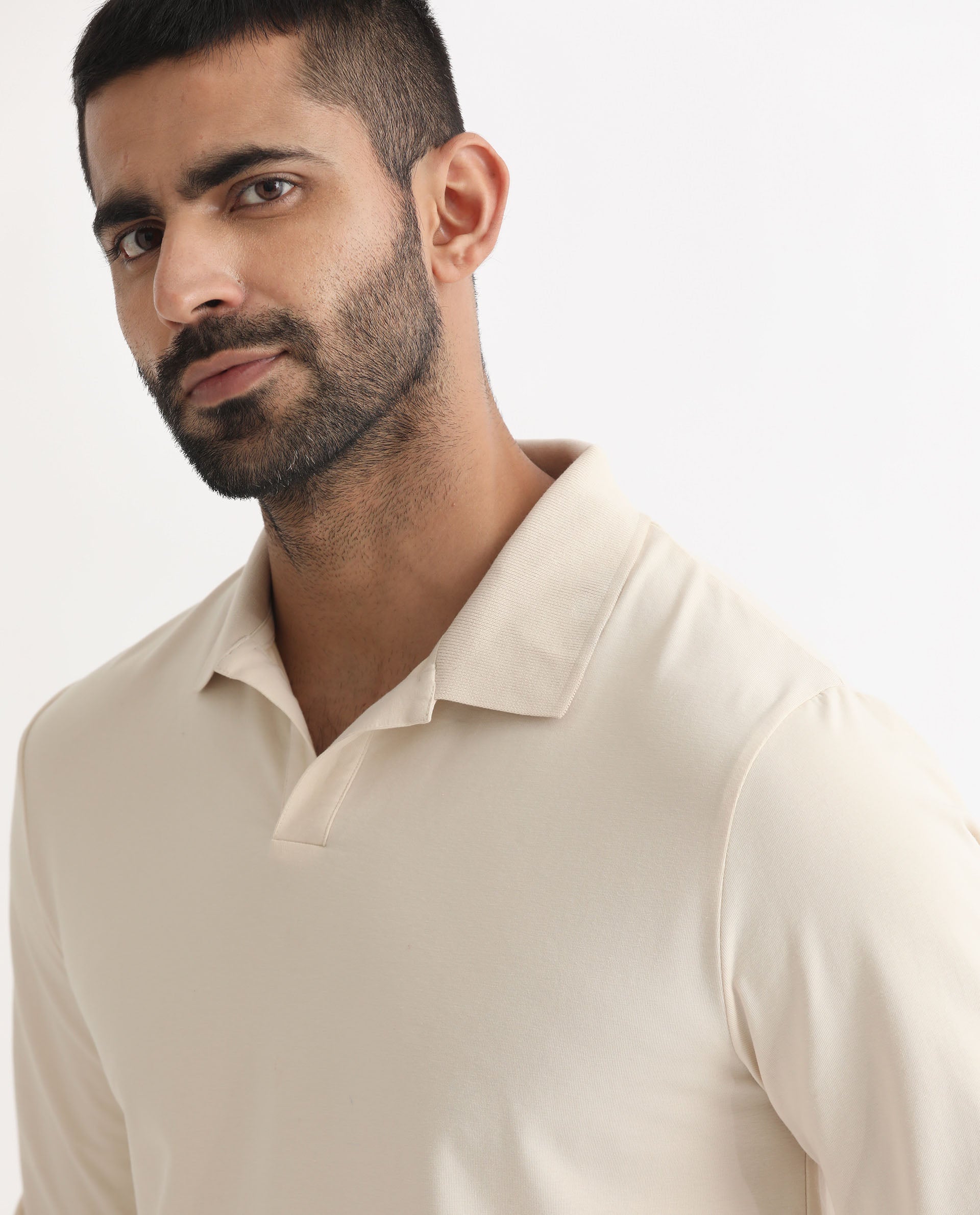 Rare Rabbit Men's Reborn-1 Off-White Cotton Fabric Johnny Collar Full Sleeve Polo T-Shirt