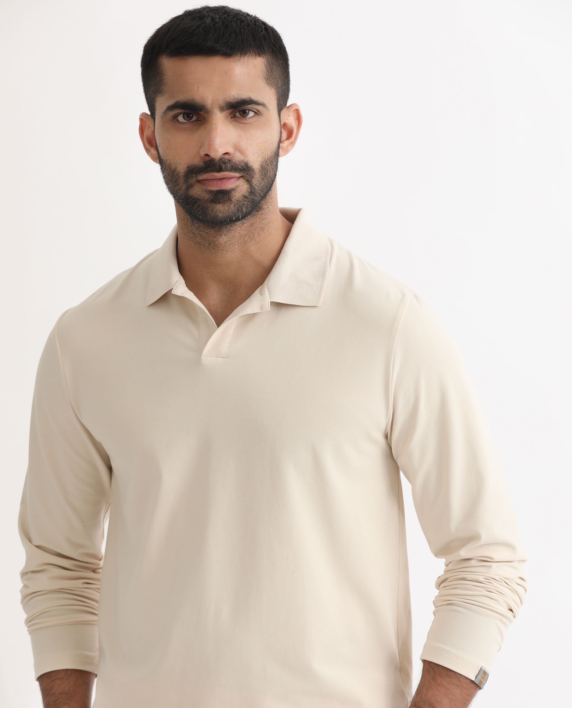 Rare Rabbit Men's Reborn-1 Off-White Cotton Fabric Johnny Collar Full Sleeve Polo T-Shirt