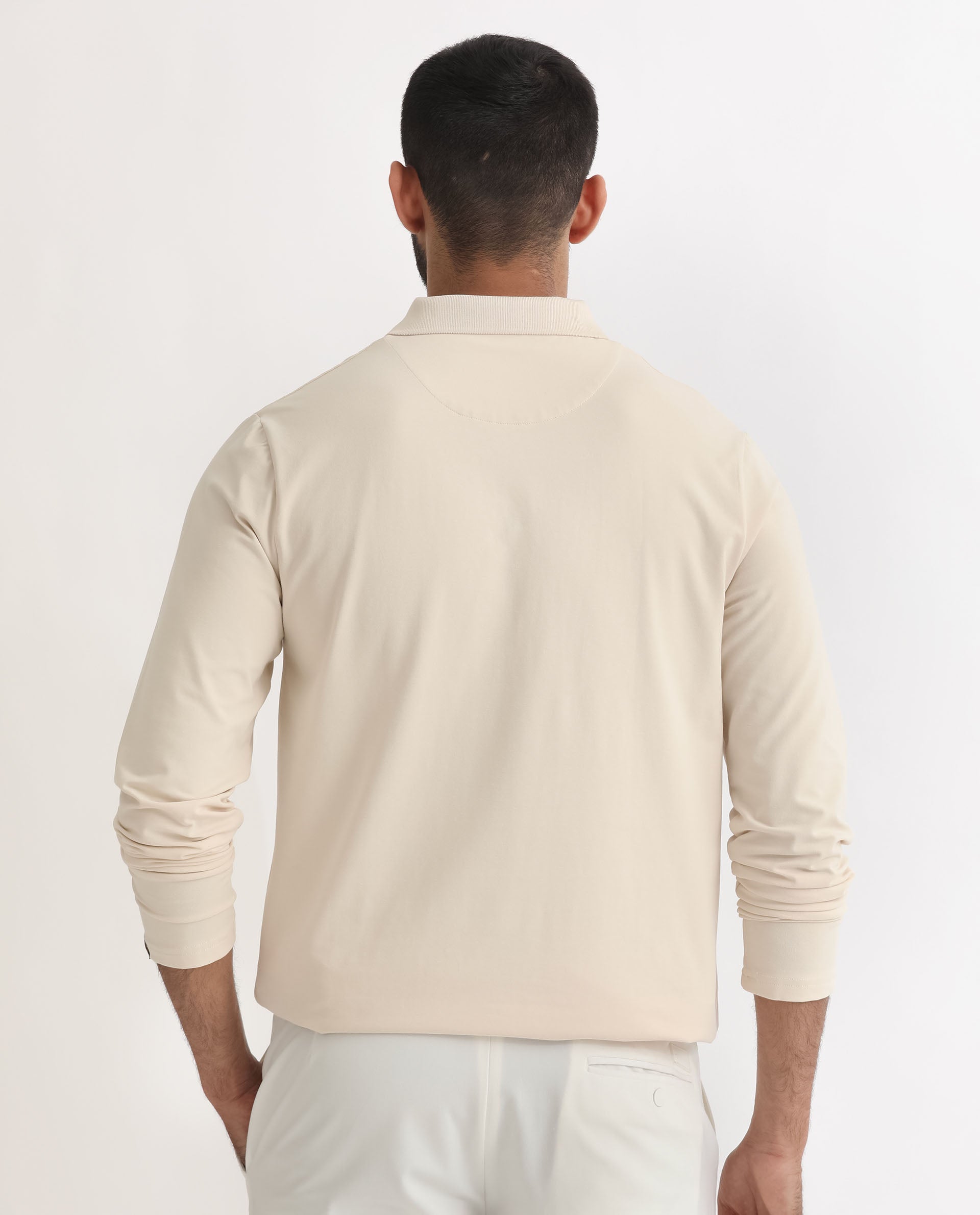 Rare Rabbit Men's Reborn-1 Off-White Cotton Fabric Johnny Collar Full Sleeve Polo T-Shirt