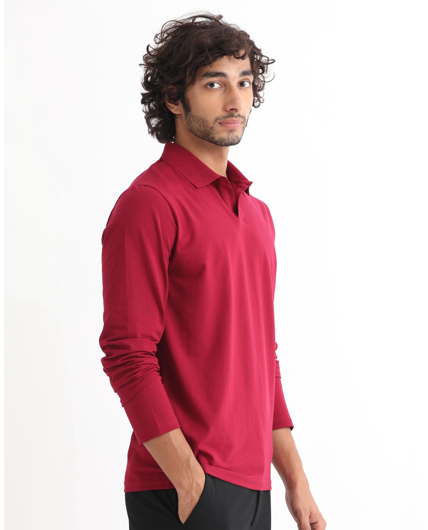 Rare Rabbit Men's Reborn-1 Red Cotton Fabric Johnny Collar Full Sleeve Polo T-Shirt