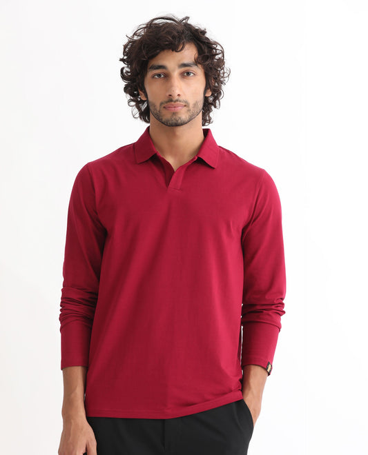 Rare Rabbit Men's Reborn-1 Red Cotton Fabric Johnny Collar Full Sleeve Polo T-Shirt