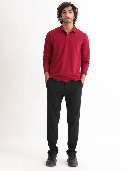 Rare Rabbit Men's Reborn-1 Red Cotton Fabric Johnny Collar Full Sleeve Polo T-Shirt