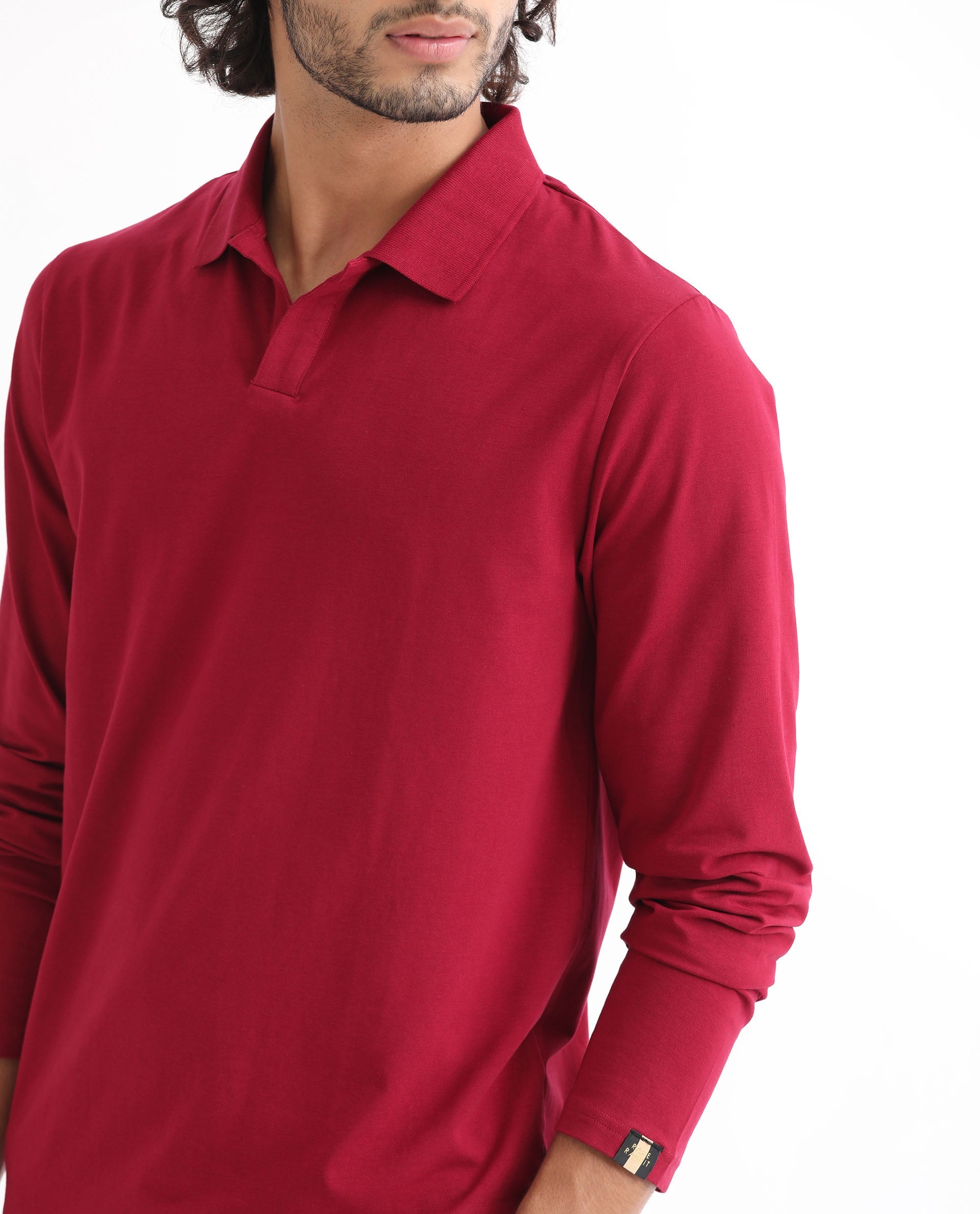 Rare Rabbit Men's Reborn-1 Red Cotton Fabric Johnny Collar Full Sleeve Polo T-Shirt