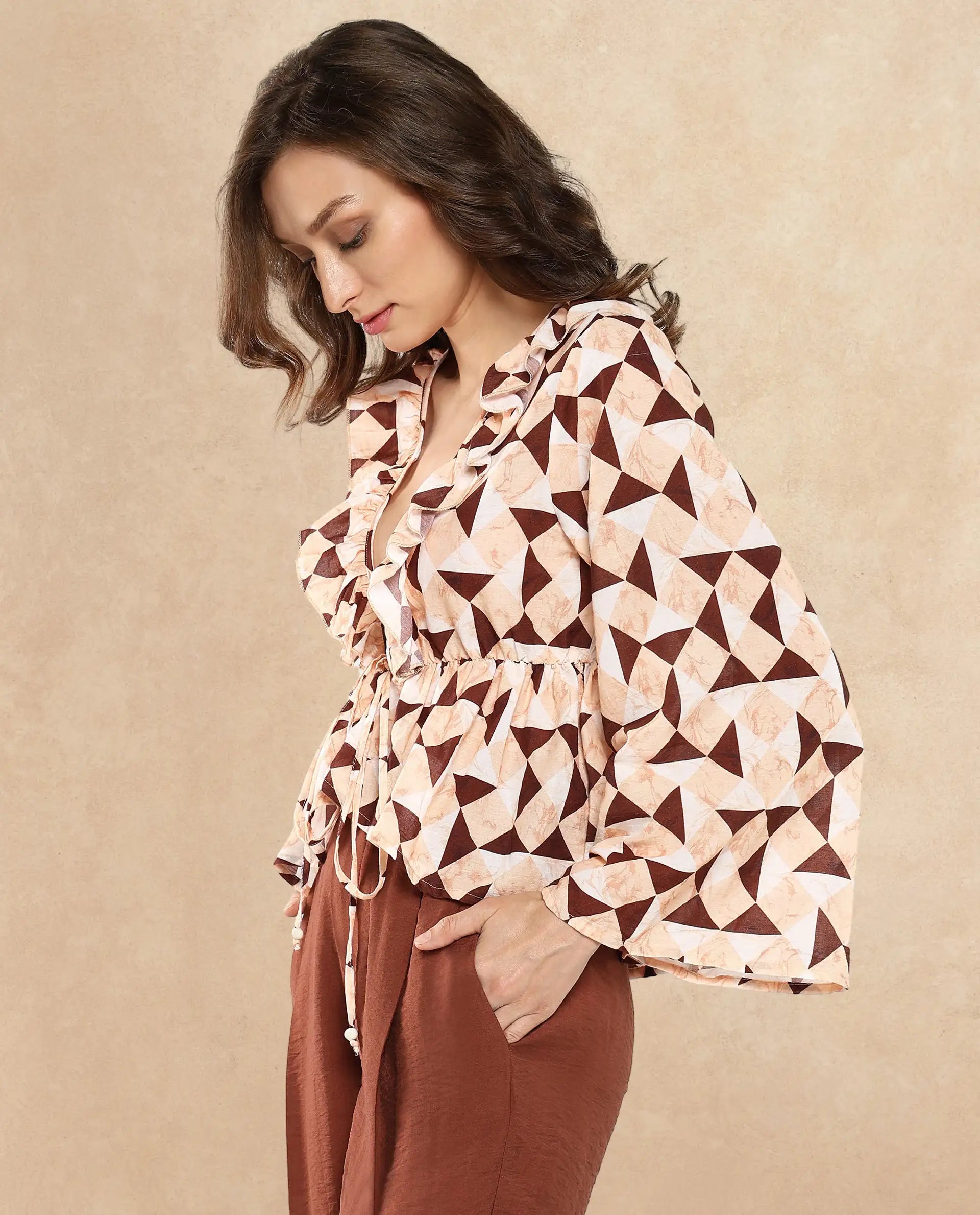 Rareism Women Reggio Light Multi Bell Sleeves Tie-Up Neck Tie Up Closure Geometric Print Top