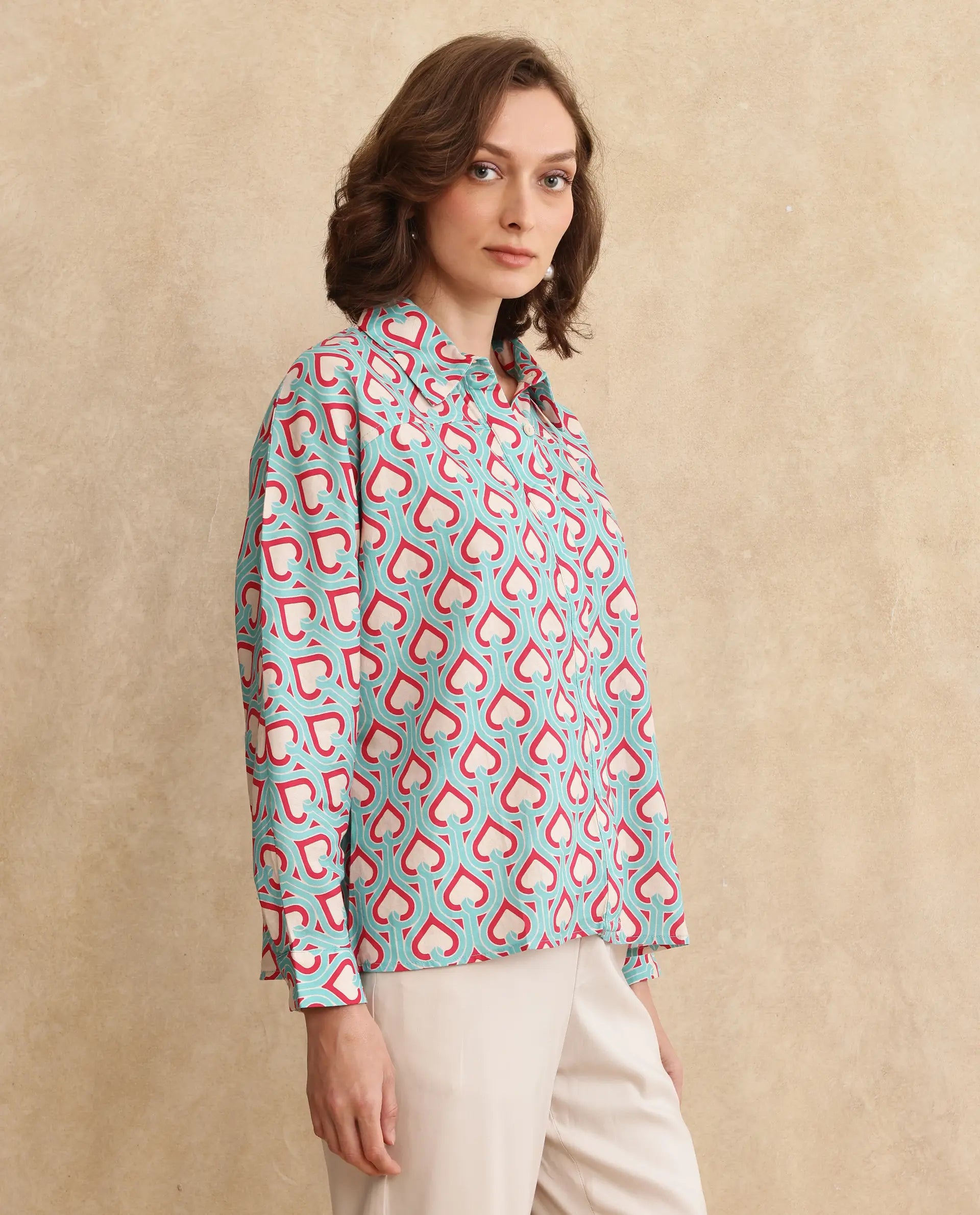 Rareism Women Repece Multi Cotton Fabric Full Sleeve Collared Neck Button Closure Boxy Fit Geometric Print Top