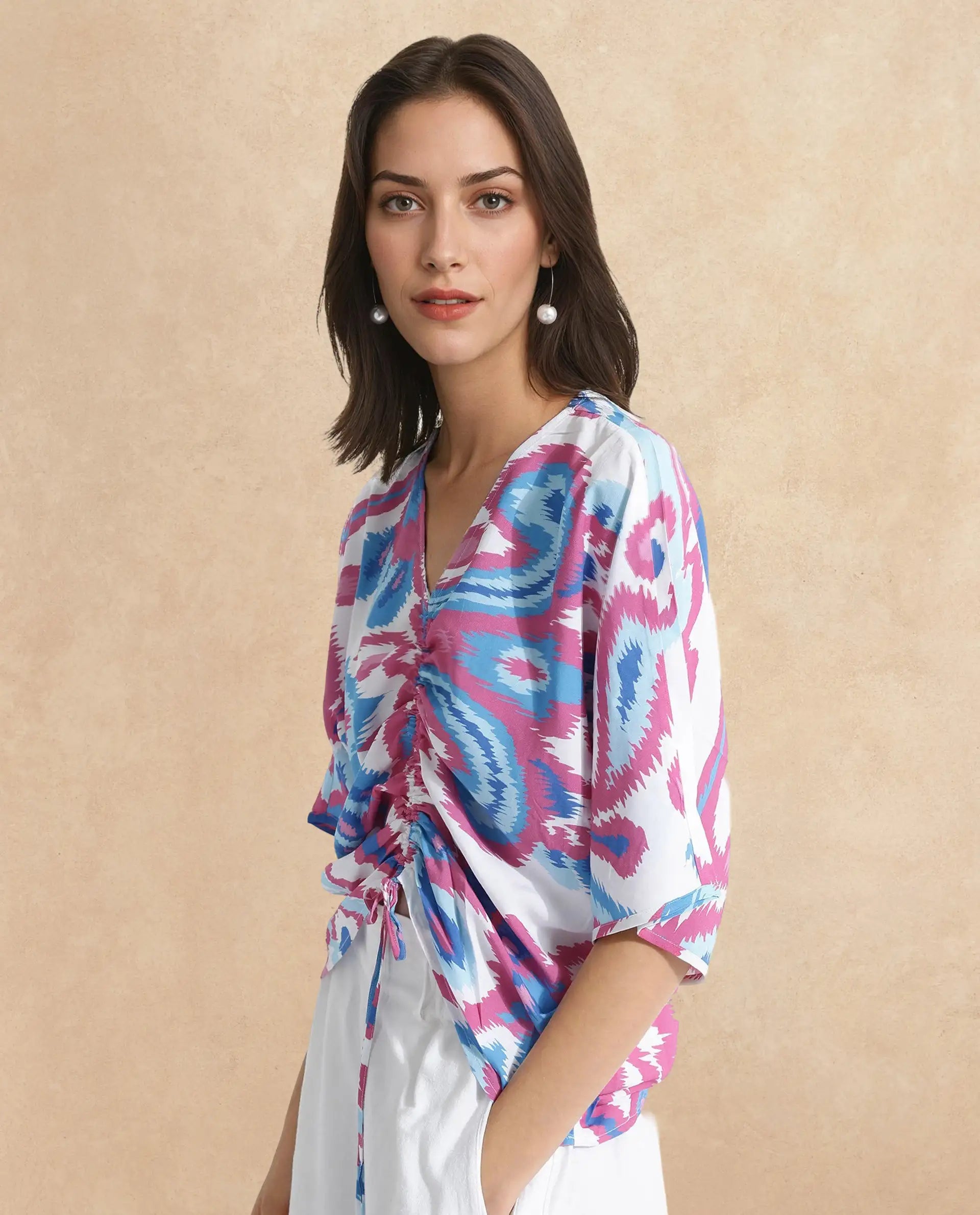 Rareism Women Repio-T Pastel Multi Extended Sleeves V-Neck Relaxed Fit Abstract Print Top