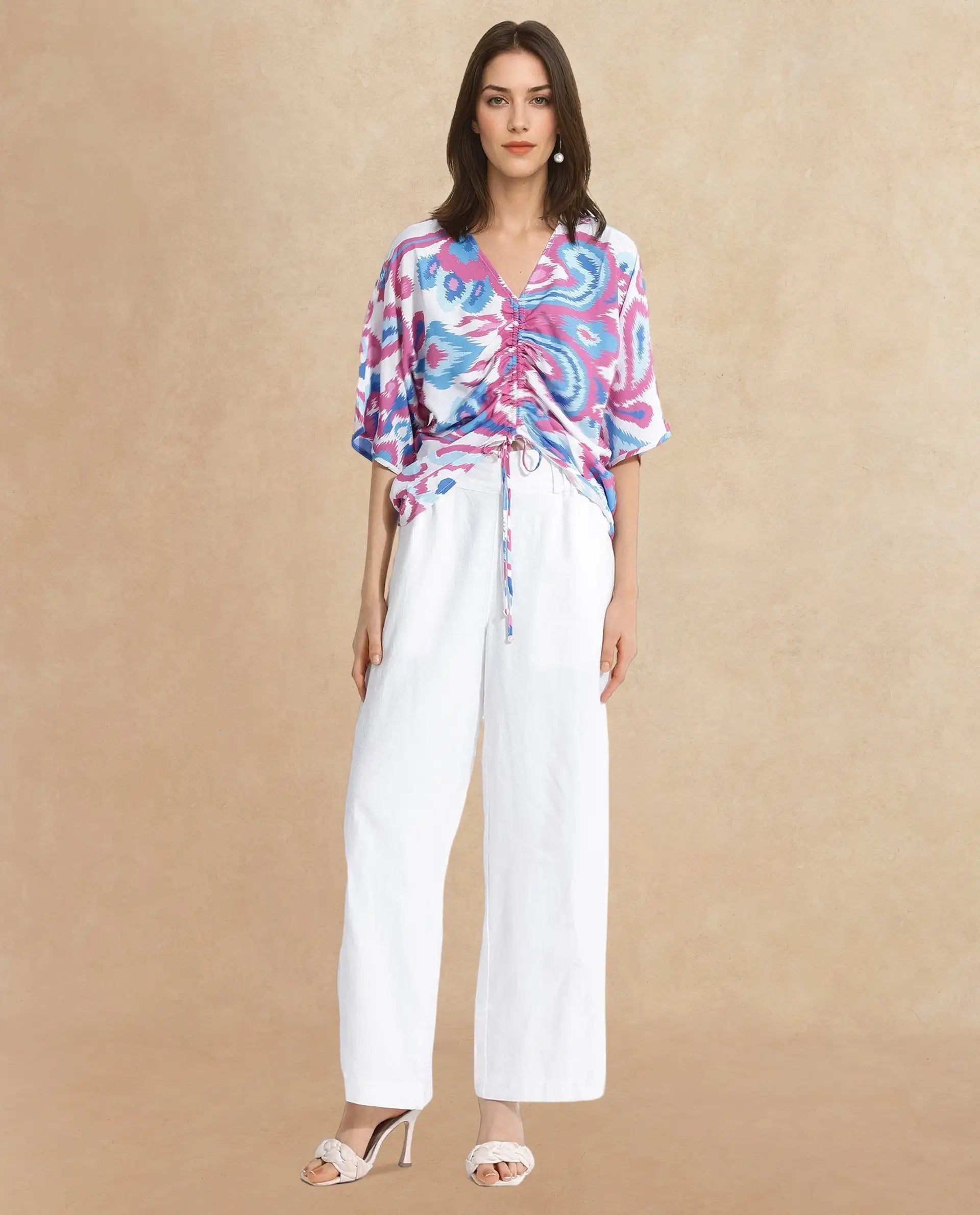 Rareism Women Repio-T Pastel Multi Extended Sleeves V-Neck Relaxed Fit Abstract Print Top