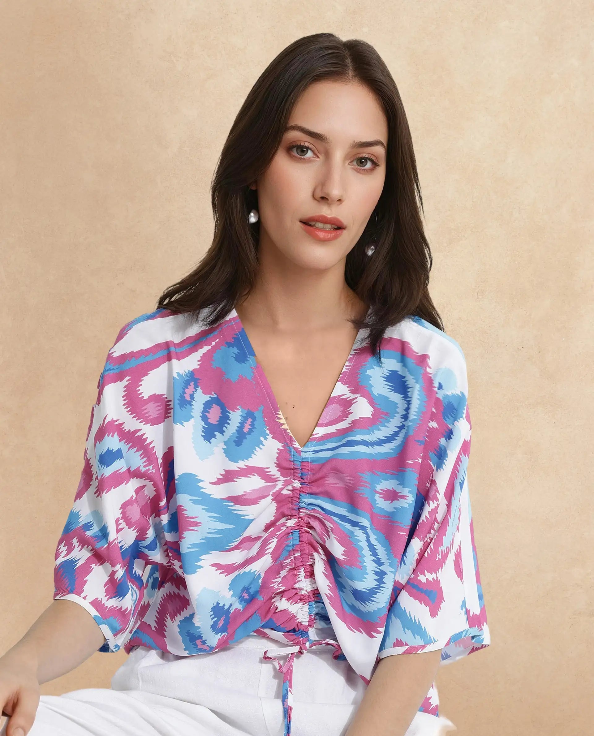 Rareism Women Repio-T Pastel Multi Extended Sleeves V-Neck Relaxed Fit Abstract Print Top