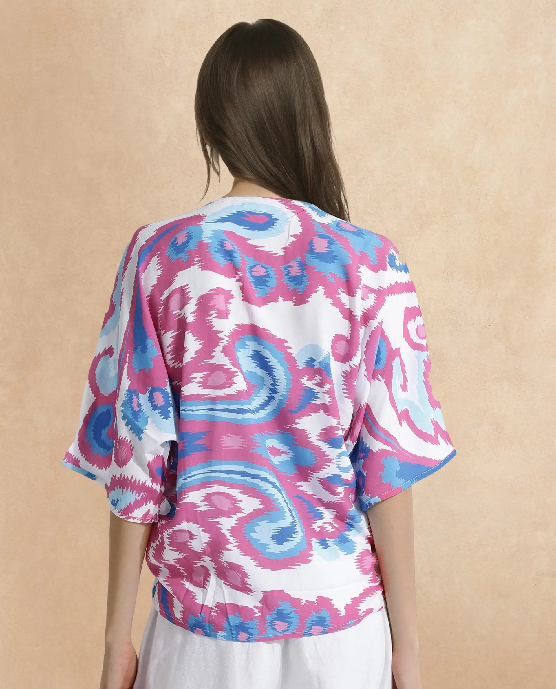 Rareism Women Repio-T Pastel Multi Extended Sleeves V-Neck Relaxed Fit Abstract Print Top