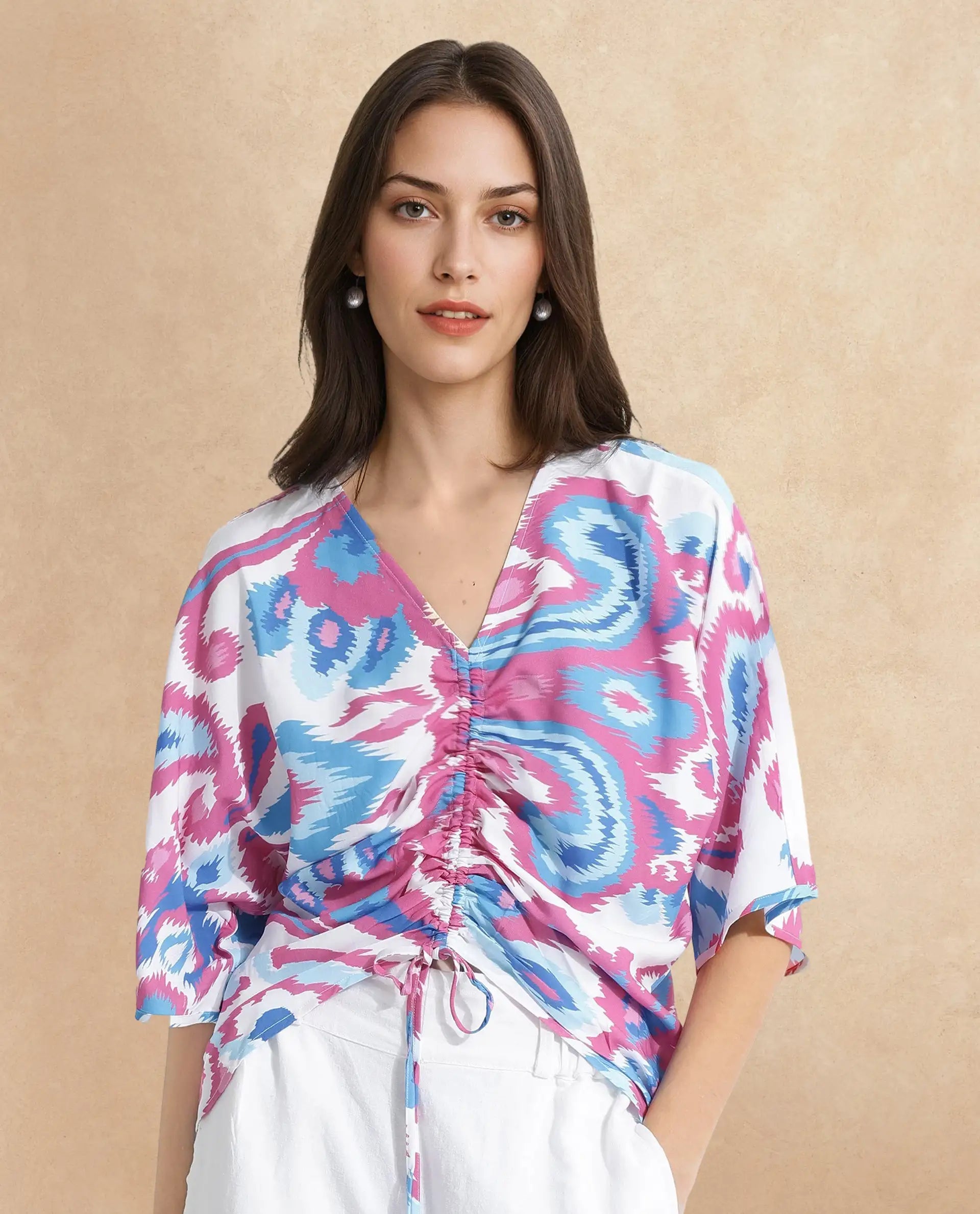 Rareism Women Repio-T Pastel Multi Extended Sleeves V-Neck Relaxed Fit Abstract Print Top