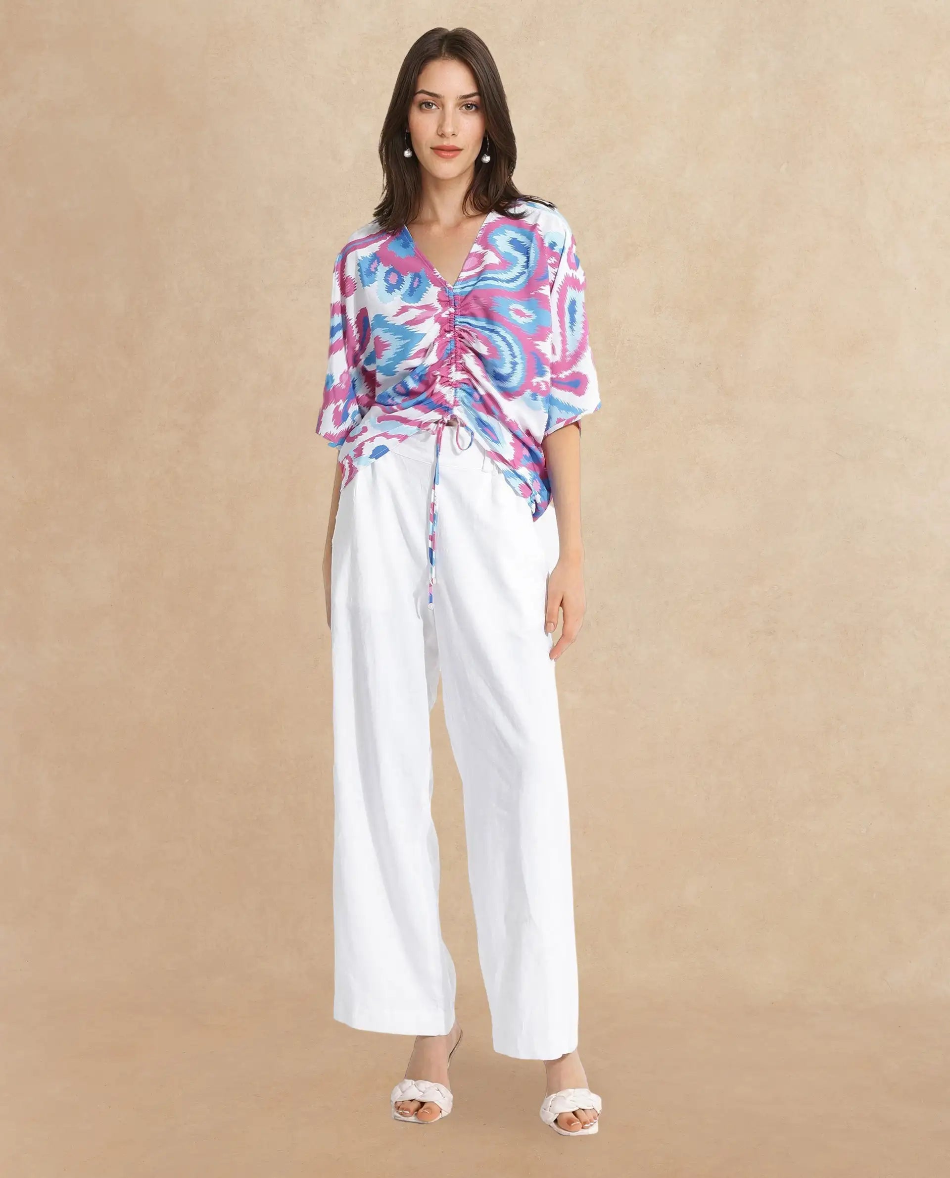 Rareism Women Repio-T Pastel Multi Extended Sleeves V-Neck Relaxed Fit Abstract Print Top