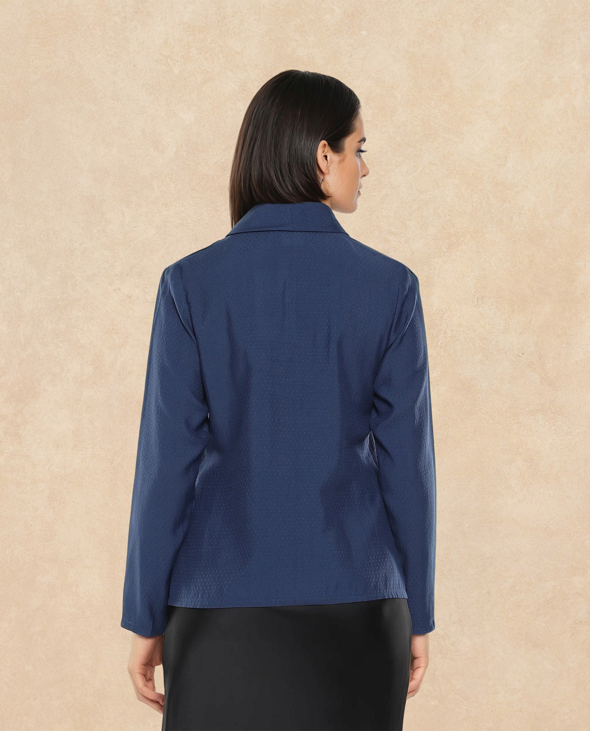 Rareism Women Repowo Navy Full Sleeve Tie Up Neck Button Closure Plain Top