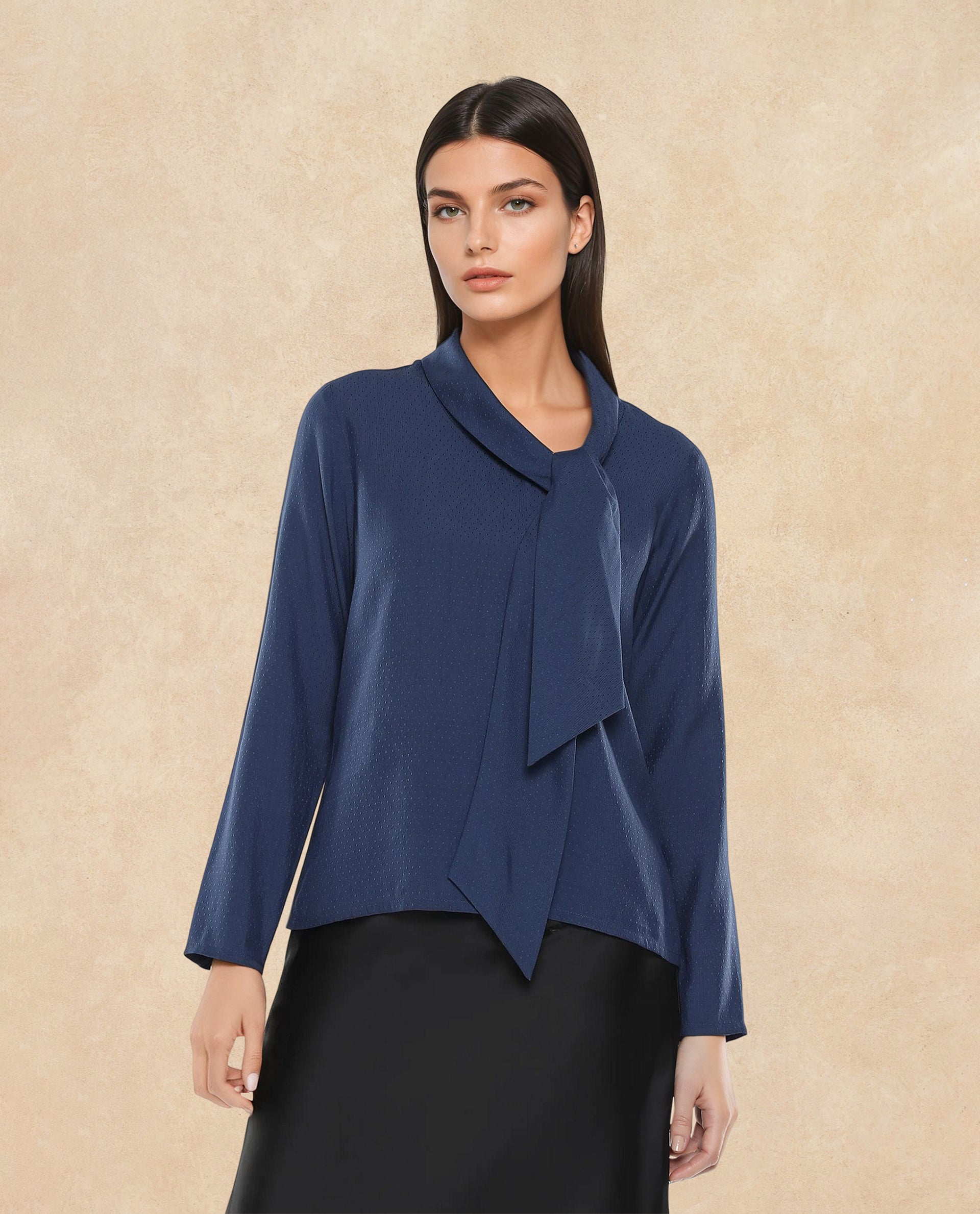 Rareism Women Repowo Navy Full Sleeve Tie Up Neck Button Closure Plain Top